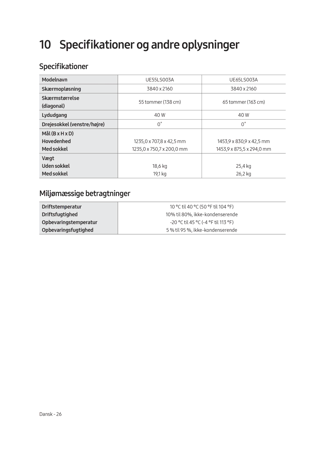 Samsung UE55LS003AUXXC, UE65LS003AUXZG, UE55LS003AUXZG Specifikationer og andre oplysninger, Miljømæssige betragtninger 