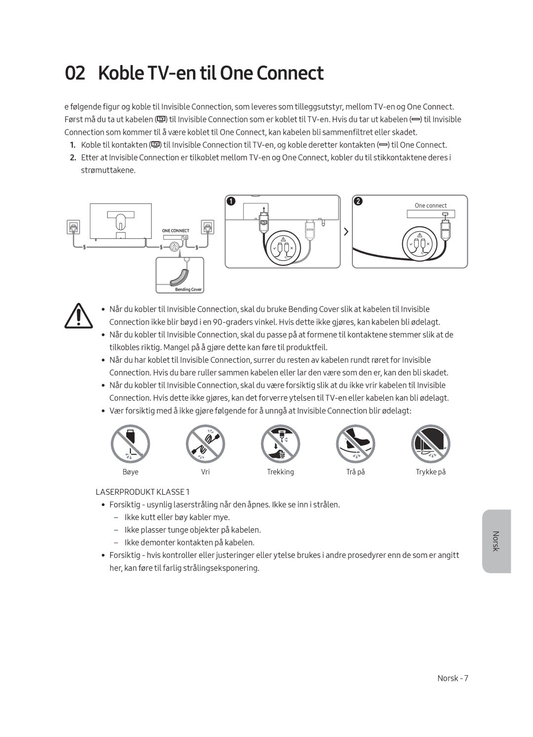 Samsung UE55LS003AUXXH, UE65LS003AUXZG, UE55LS003AUXZG, UE55LS003AUXXC manual Koble TV-en til One Connect, Laserprodukt Klasse 