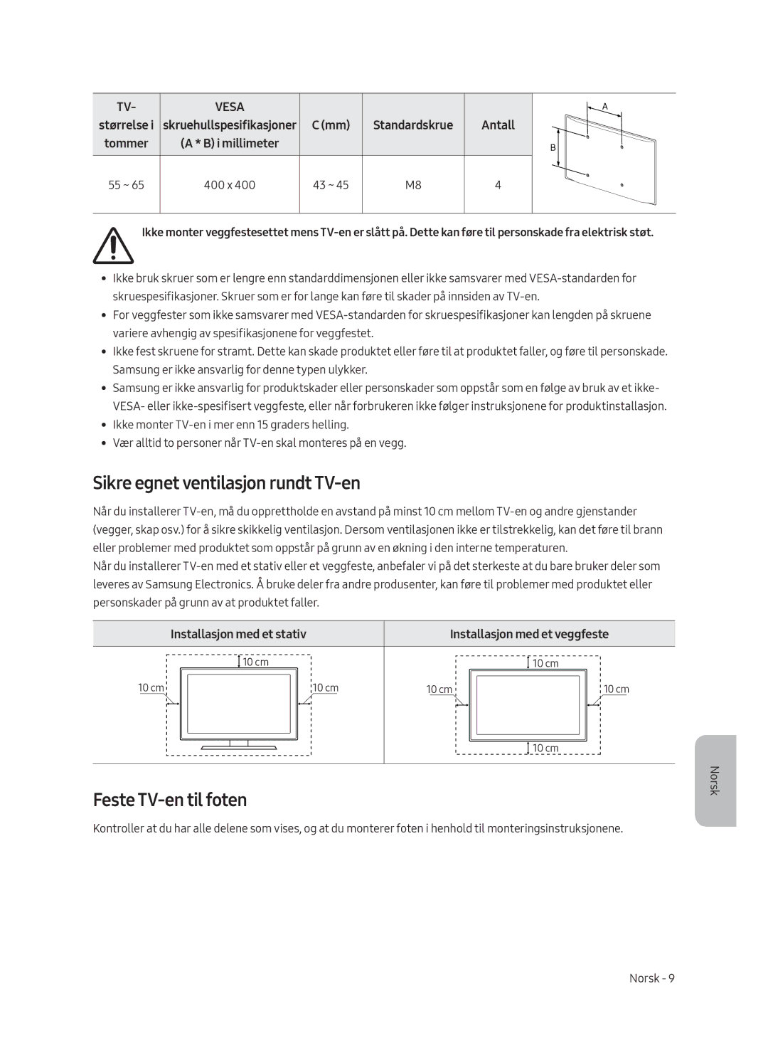 Samsung UE55LS003AUXZG manual Sikre egnet ventilasjon rundt TV-en, Feste TV-en til foten, Antall Tommer I millimeter 