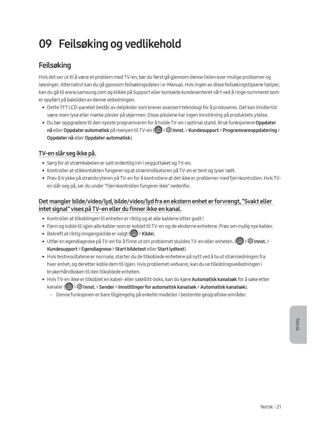 Samsung UE55LS003AUXZG, UE65LS003AUXZG, UE55LS003AUXXC manual Feilsøking og vedlikehold, TV-en slår seg ikke på, Innst 