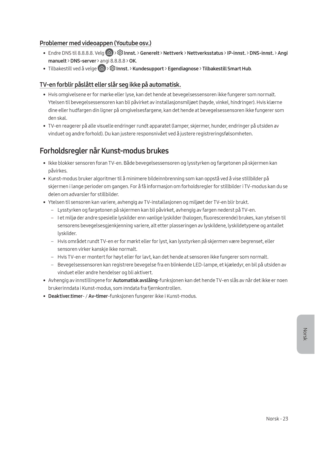 Samsung UE65LS003AUXXC, UE65LS003AUXZG manual Forholdsregler når Kunst-modus brukes, Problemer med videoappen Youtube osv 