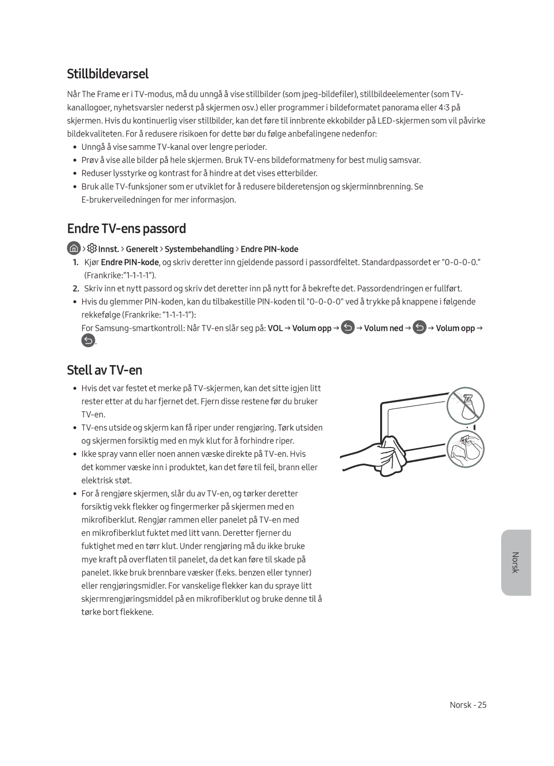 Samsung UE55LS003AUXZT, UE65LS003AUXZG, UE55LS003AUXZG manual Stillbildevarsel, Endre TV-ens passord, Stell av TV-en 