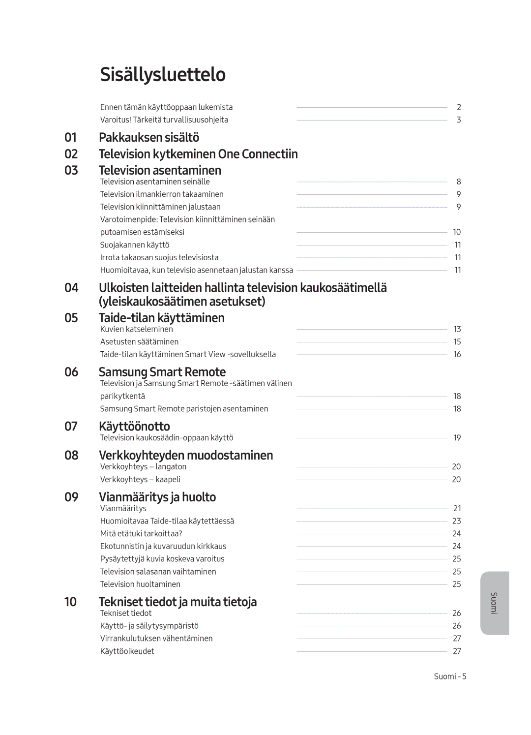 Samsung UE55LS003AUXZG, UE65LS003AUXZG, UE55LS003AUXXC, UE65LS003AUXXC manual Sisällysluettelo, Taide-tilan käyttäminen 