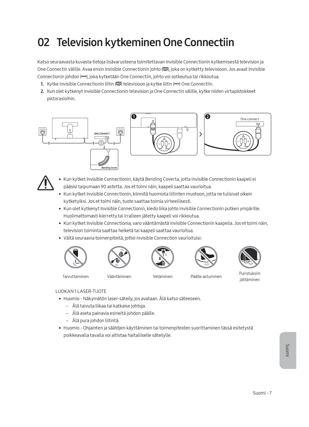 Samsung UE65LS003AUXXC, UE65LS003AUXZG, UE55LS003AUXZG manual Television kytkeminen One Connectiin, Luokan 1 LASER-TUOTE 