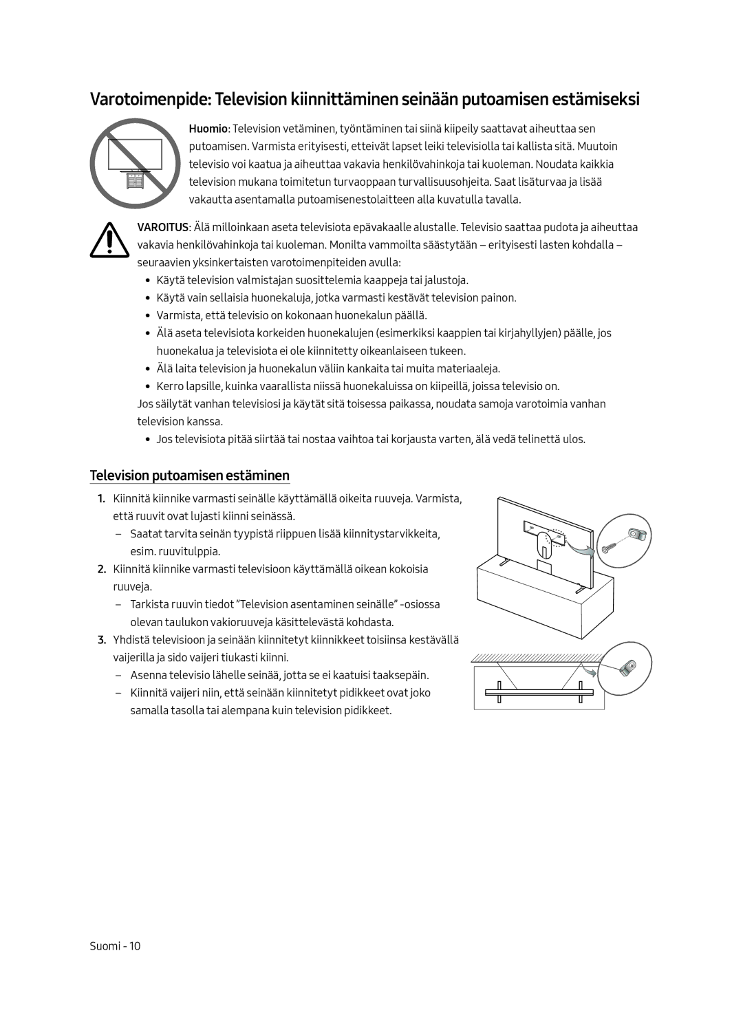 Samsung UE55LS003AUXSQ, UE65LS003AUXZG, UE55LS003AUXZG, UE55LS003AUXXC, UE65LS003AUXXC manual Television putoamisen estäminen 