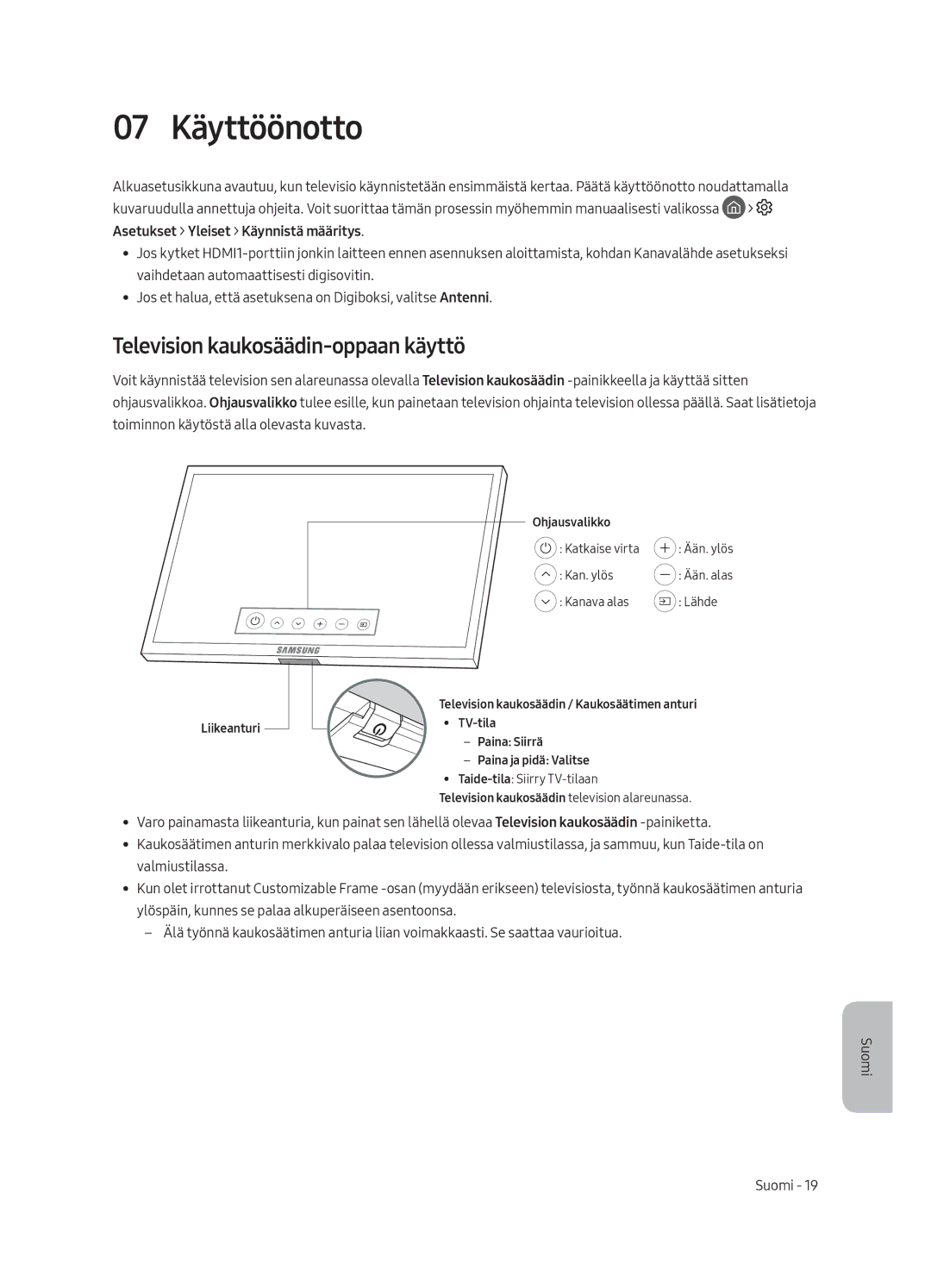 Samsung UE65LS003AUXXC, UE65LS003AUXZG, UE55LS003AUXZG, UE55LS003AUXXC 07 Käyttöönotto, Television kaukosäädin-oppaan käyttö 