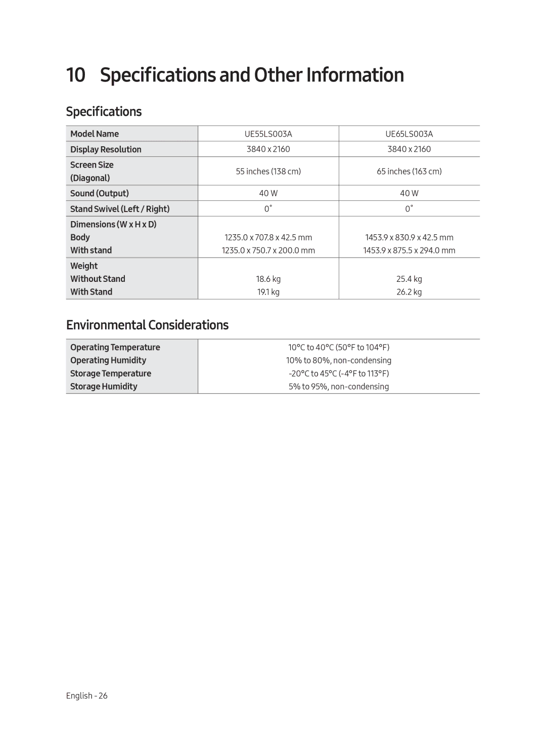 Samsung UE55LS003AUXXC, UE65LS003AUXZG, UE55LS003AUXZG Specifications and Other Information, Environmental Considerations 