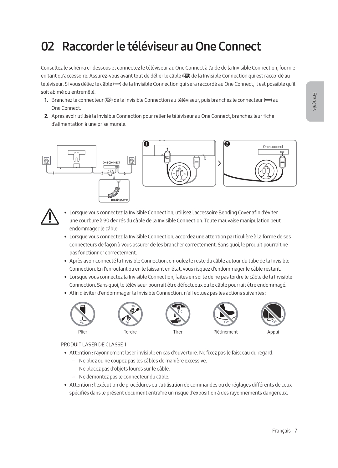 Samsung UE55LS003AUXXH, UE65LS003AUXZG, UE55LS003AUXZG manual Raccorder le téléviseur au One Connect, Produit Laser DE Classe 