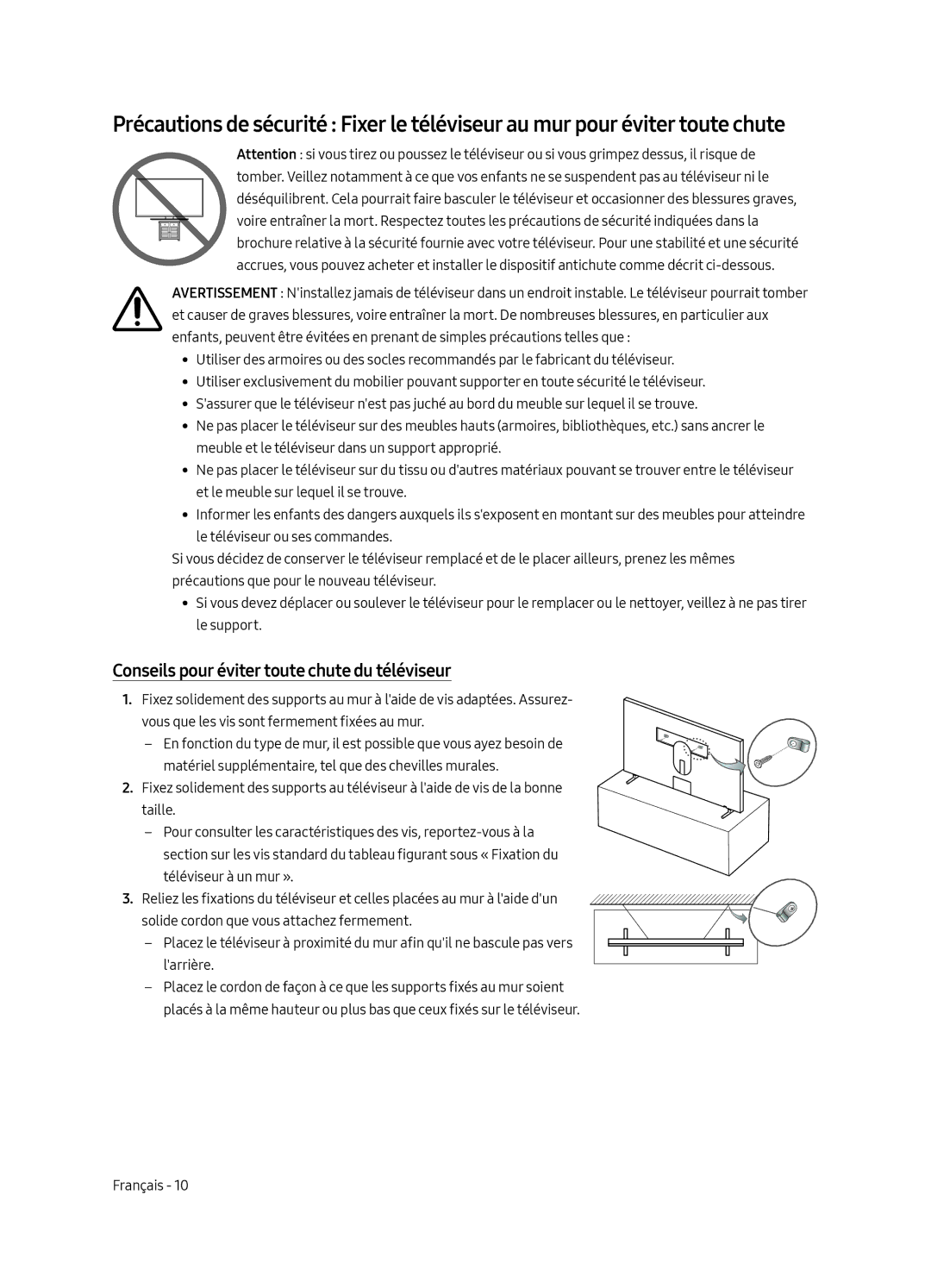 Samsung UE55LS003AUXXC, UE65LS003AUXZG, UE55LS003AUXZG, UE65LS003AUXXC manual Conseils pour éviter toute chute du téléviseur 