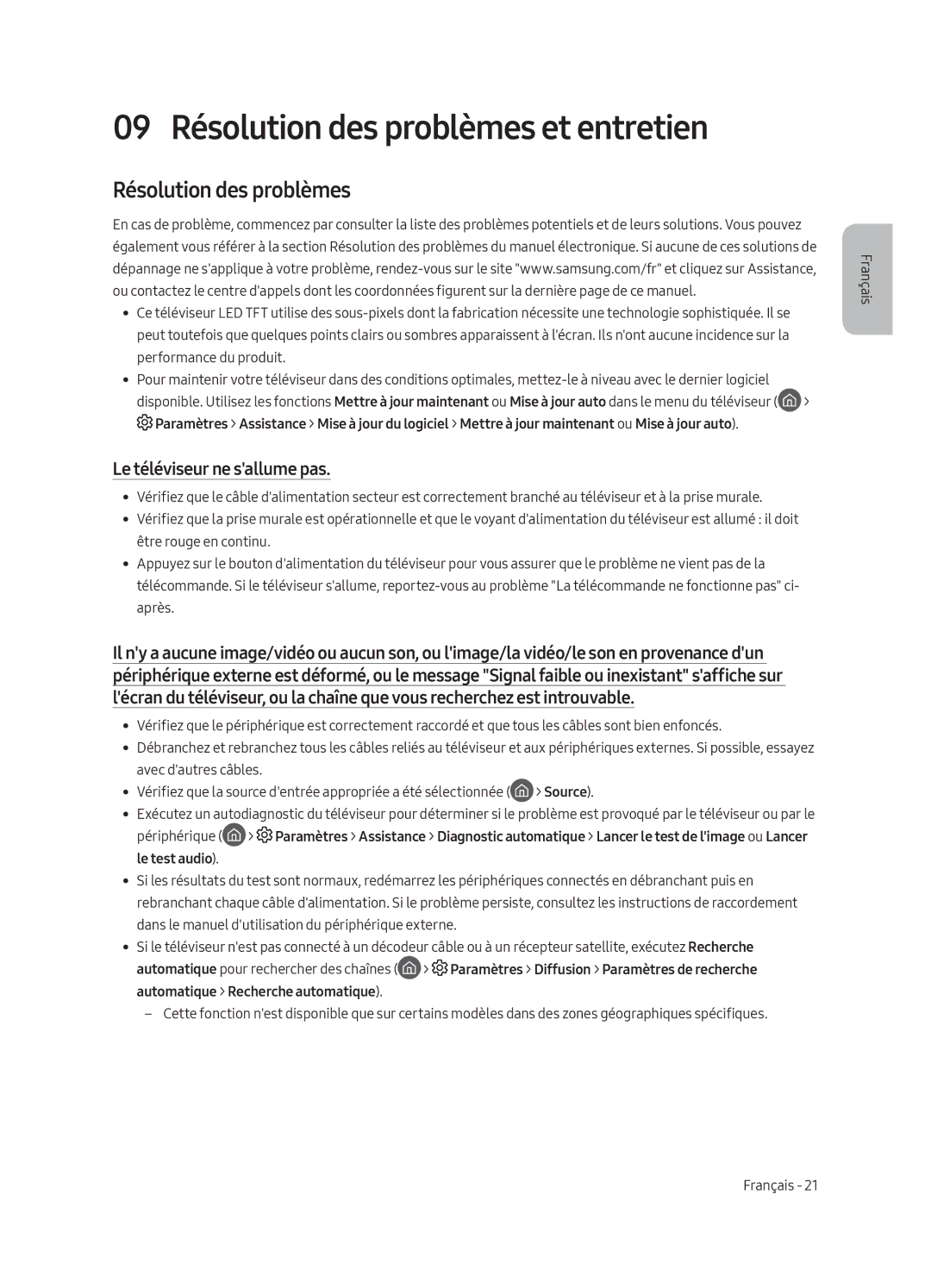 Samsung UE55LS003AUXZG, UE65LS003AUXZG manual 09 Résolution des problèmes et entretien, Le téléviseur ne sallume pas 