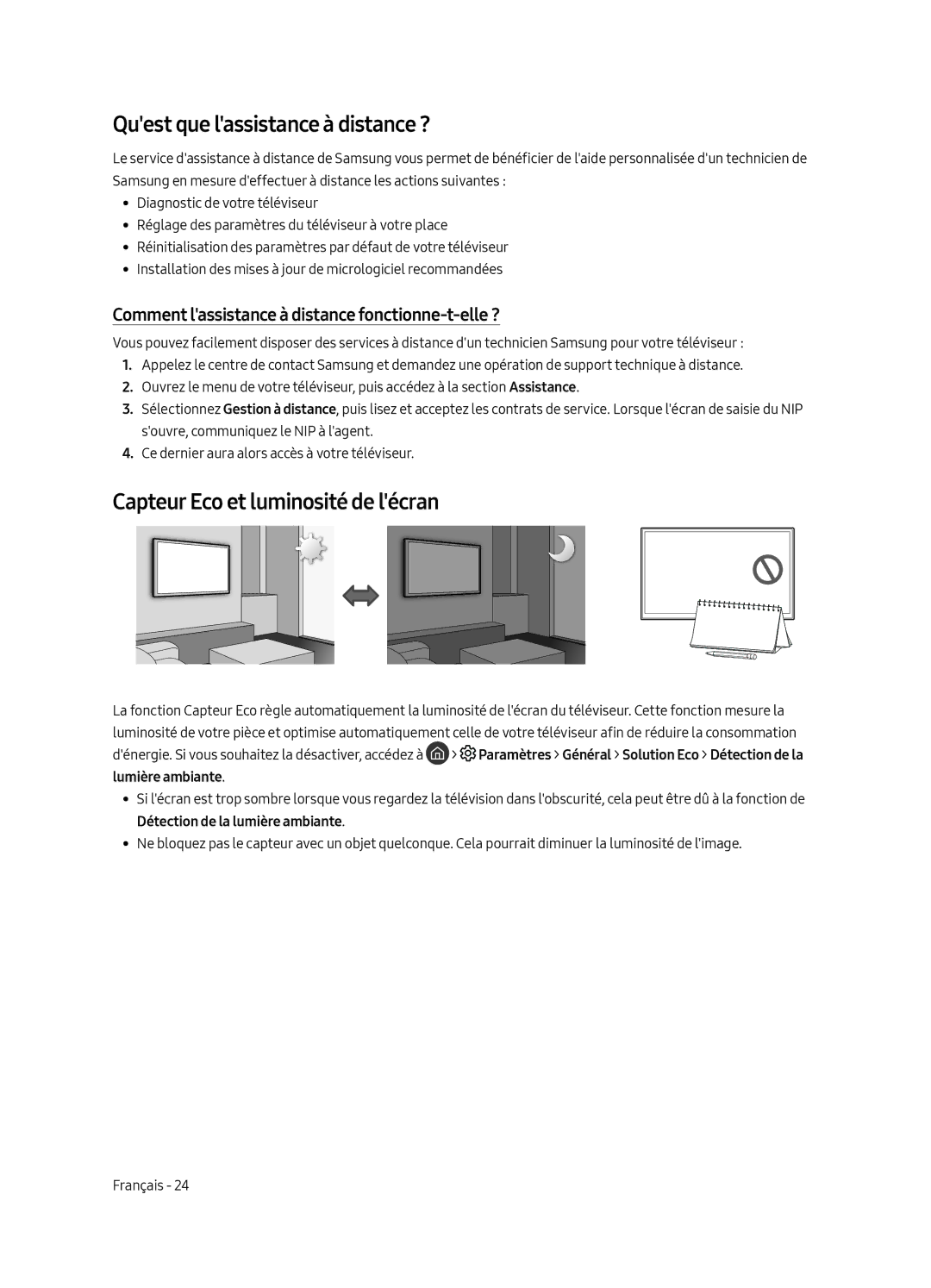 Samsung UE65LS003AUXZT, UE65LS003AUXZG manual Quest que lassistance à distance ?, Capteur Eco et luminosité de lécran 