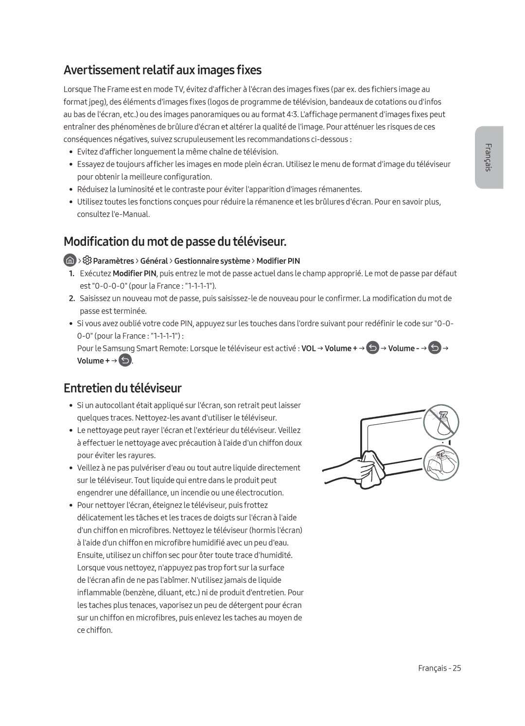 Samsung UE55LS003AUXZT Avertissement relatif aux images fixes, Modification du mot de passe du téléviseur, Volume + → 