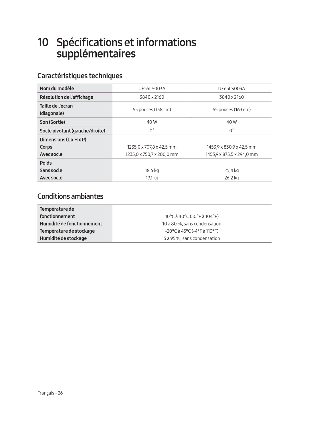 Samsung UE55LS003AUXSQ, UE65LS003AUXZG, UE55LS003AUXZG, UE55LS003AUXXC Caractéristiques techniques, Conditions ambiantes 