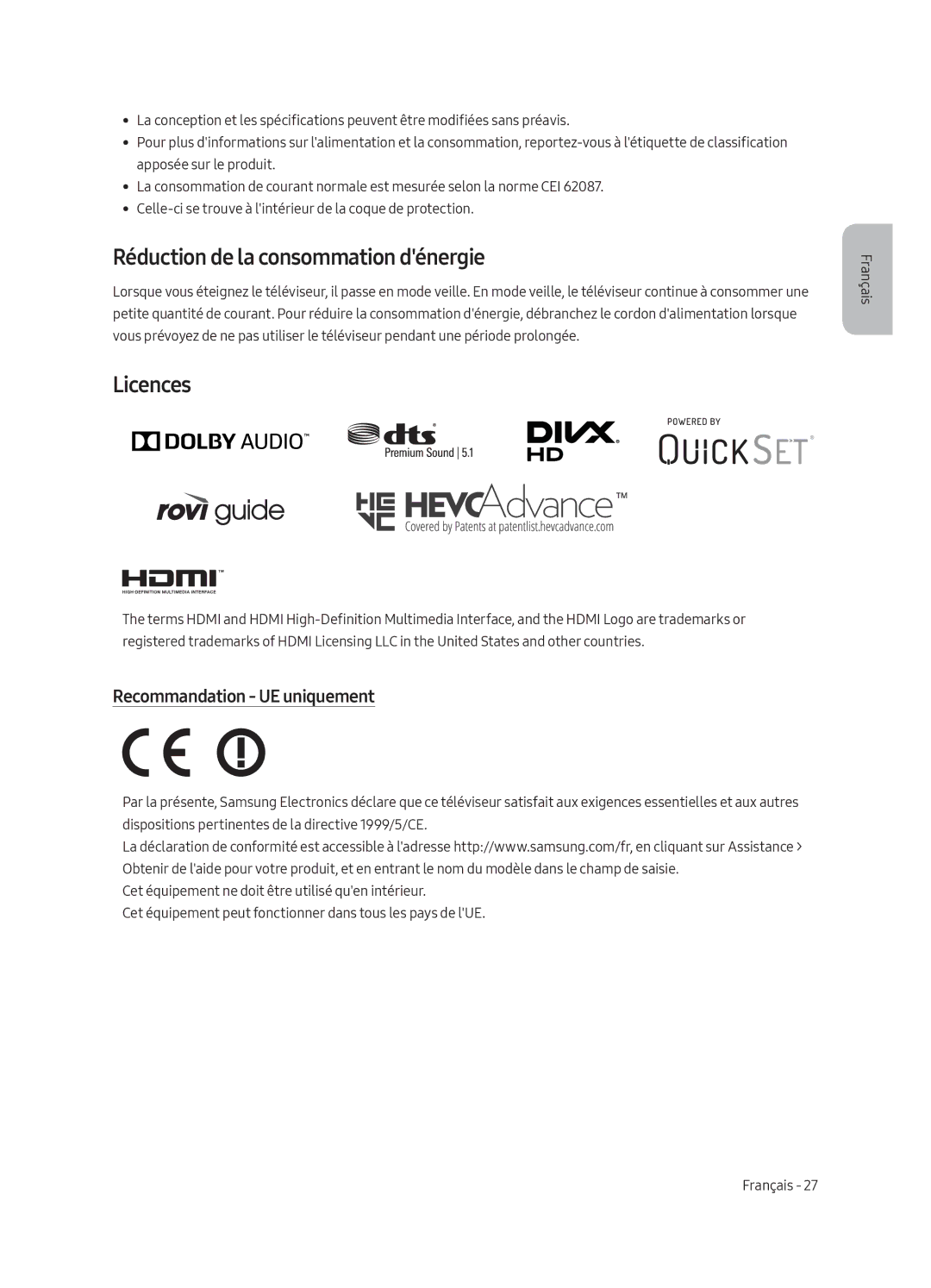 Samsung UE65LS003AUXSQ, UE65LS003AUXZG, UE55LS003AUXZG Réduction de la consommation dénergie, Recommandation UE uniquement 