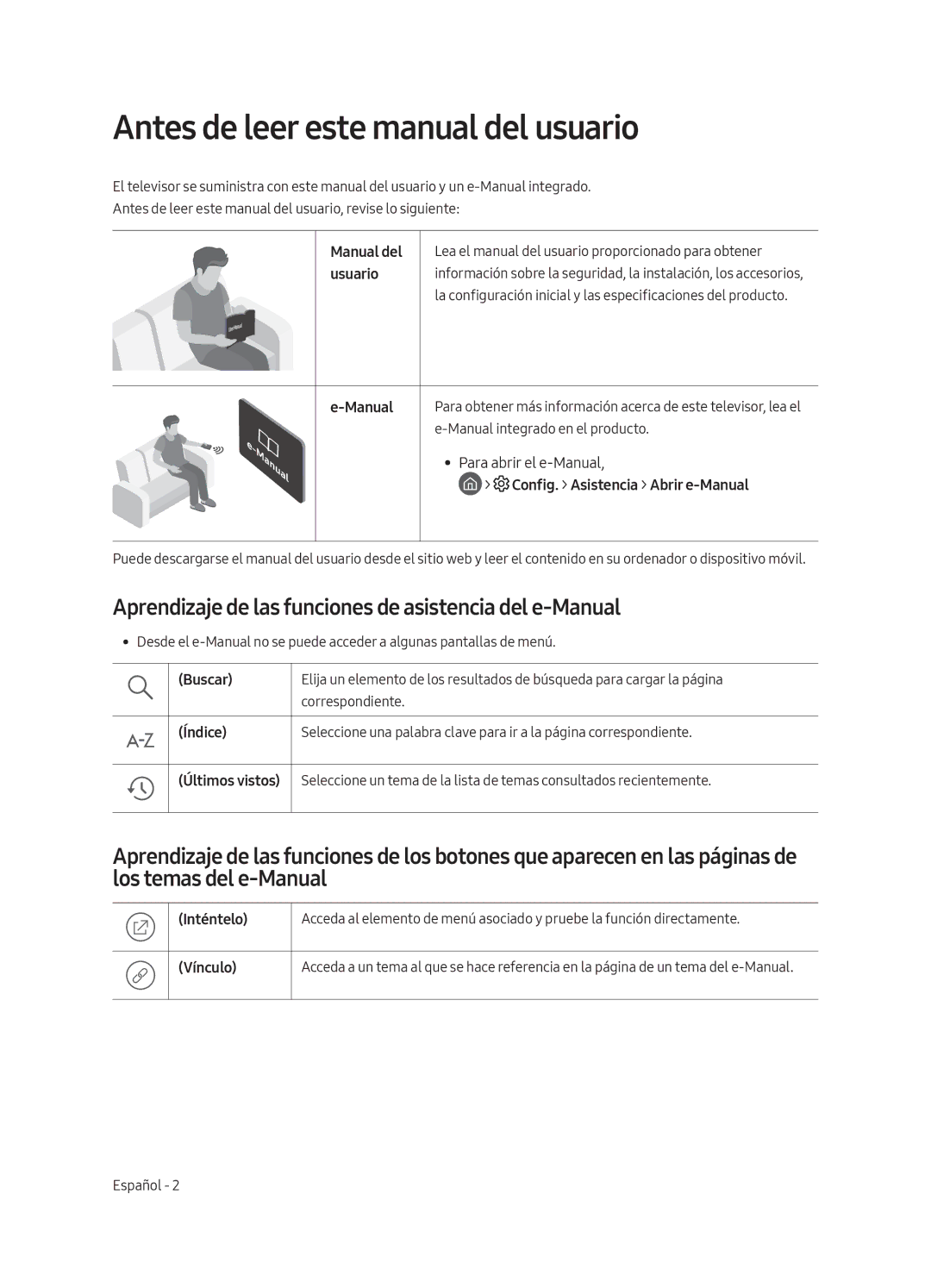 Samsung UE55LS003AUXXU Antes de leer este manual del usuario, Aprendizaje de las funciones de asistencia del e-Manual 