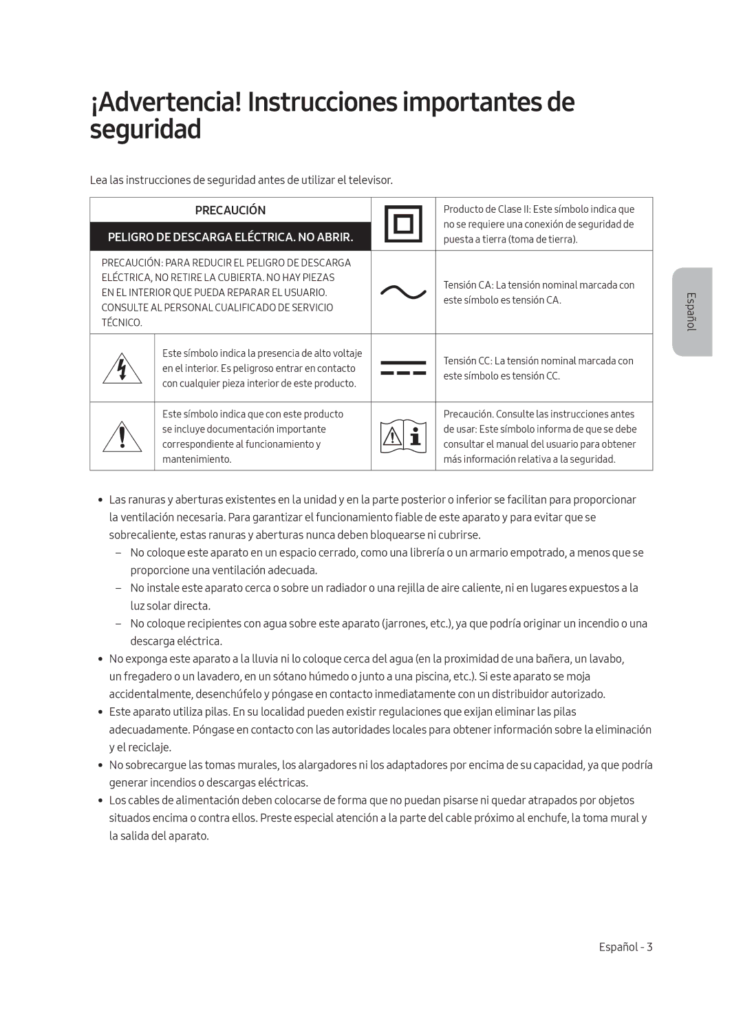 Samsung UE55LS003AUXXH, UE65LS003AUXZG, UE55LS003AUXZG ¡Advertencia! Instrucciones importantes de seguridad, Precaución 