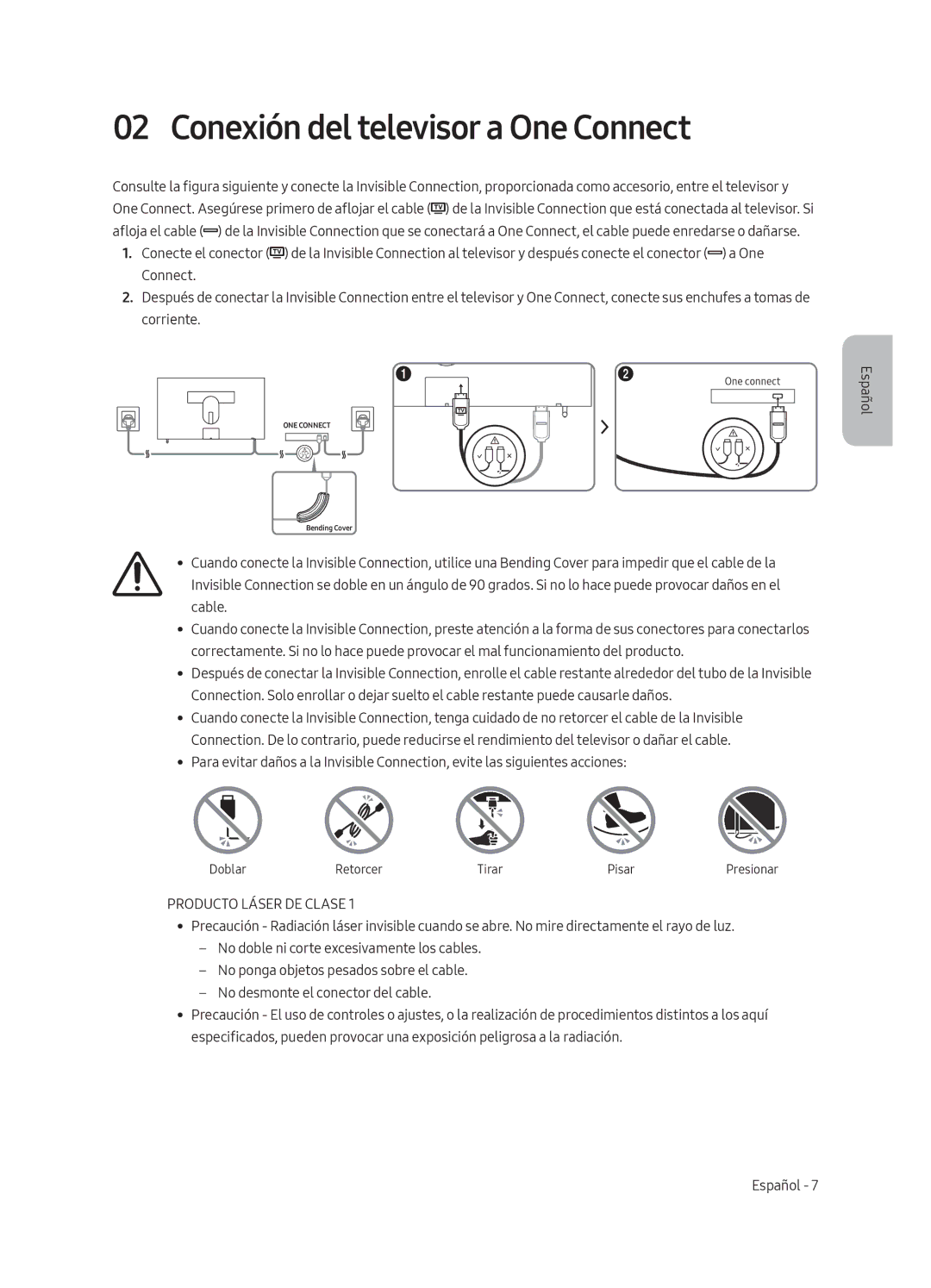 Samsung UE65LS003AUXXC, UE65LS003AUXZG, UE55LS003AUXZG manual Conexión del televisor a One Connect, Producto Láser DE Clase 