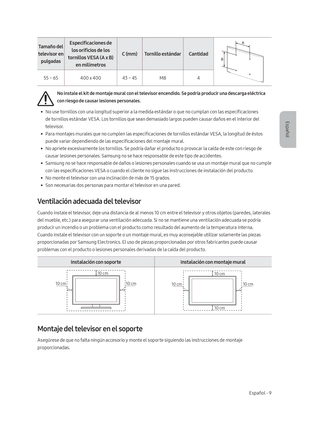 Samsung UE55LS003AUXZT, UE65LS003AUXZG manual Ventilación adecuada del televisor, Montaje del televisor en el soporte 