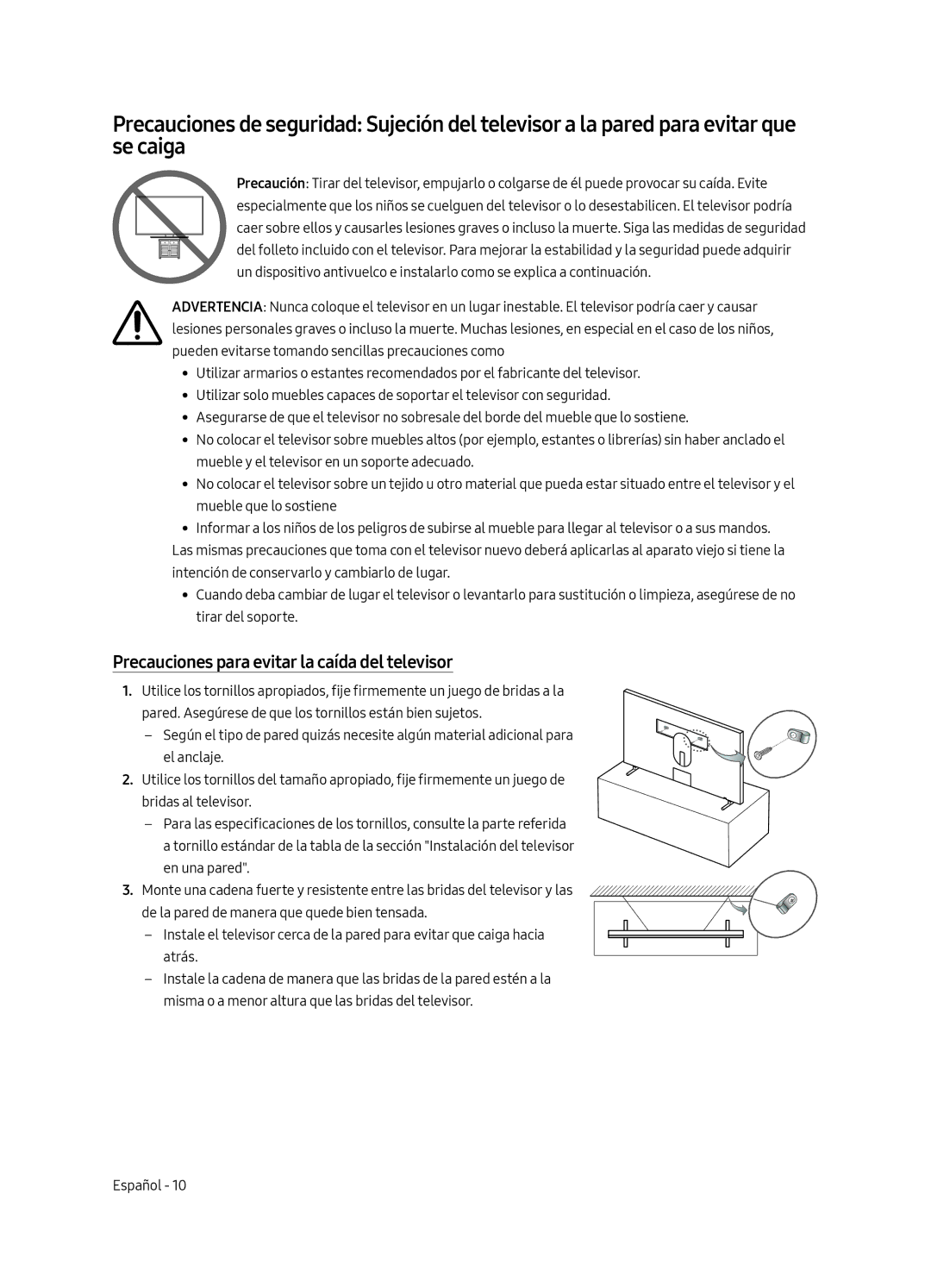 Samsung UE55LS003AUXSQ, UE65LS003AUXZG, UE55LS003AUXZG, UE55LS003AUXXC manual Precauciones para evitar la caída del televisor 