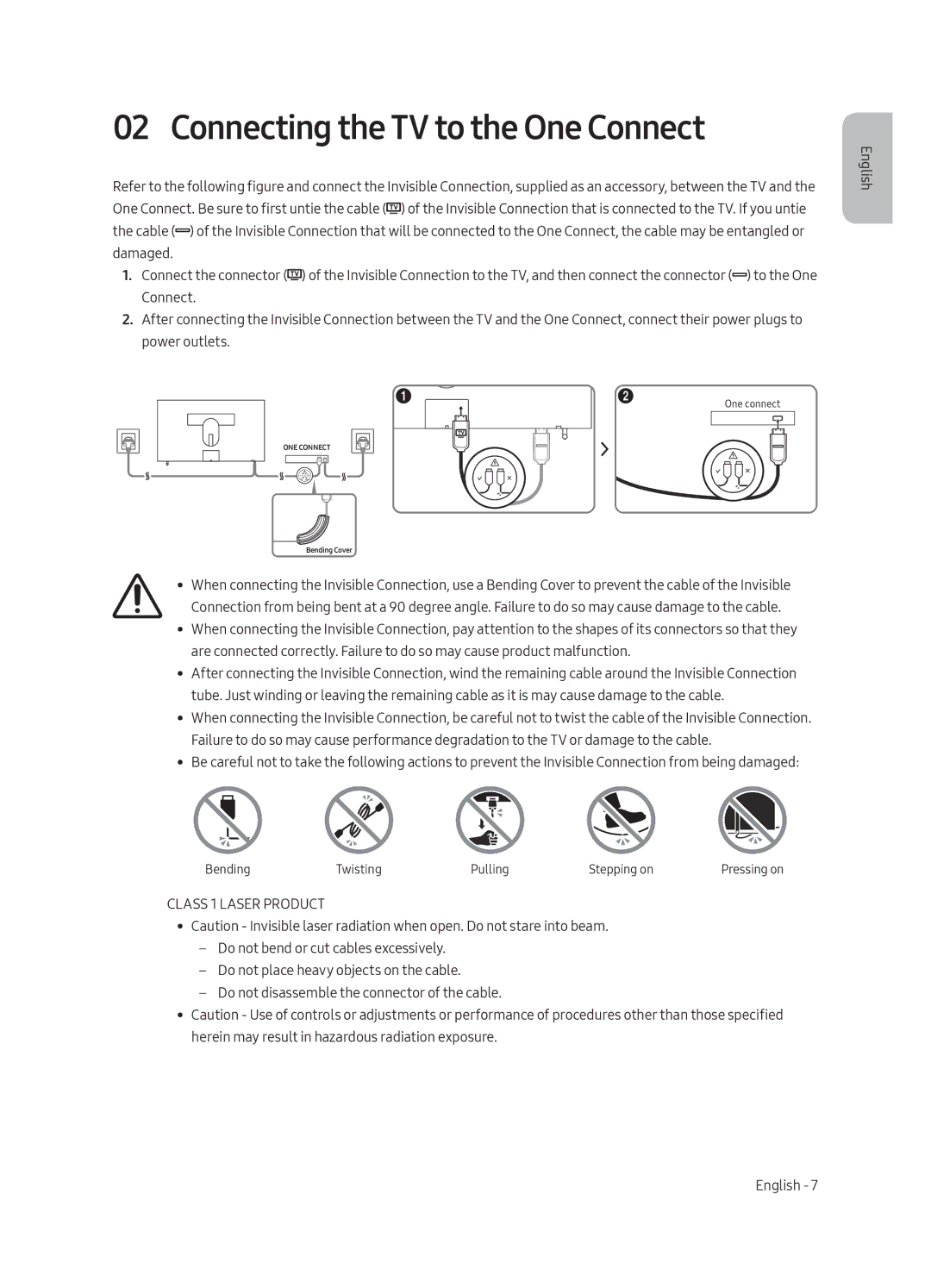 Samsung UE65LS003AUXSQ, UE65LS003AUXZG, UE55LS003AUXZG manual Connecting the TV to the One Connect, Class 1 Laser Product 