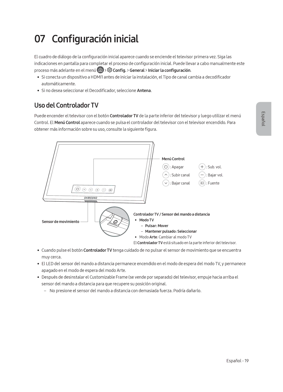 Samsung UE65LS003AUXXC, UE65LS003AUXZG, UE55LS003AUXZG, UE55LS003AUXXC manual Configuración inicial, Uso del Controlador TV 