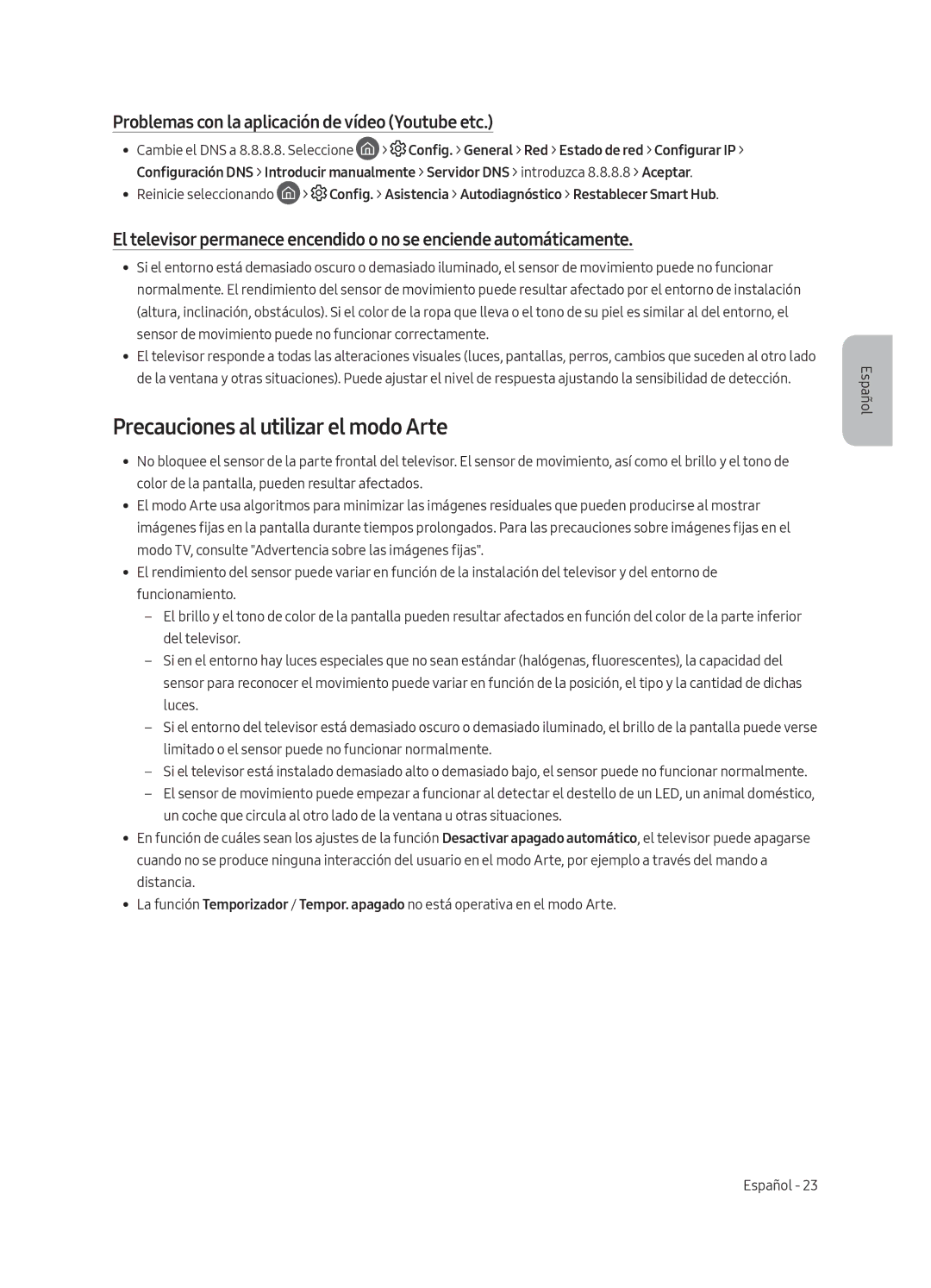 Samsung UE65LS003AUXSQ manual Precauciones al utilizar el modo Arte, Problemas con la aplicación de vídeo Youtube etc 