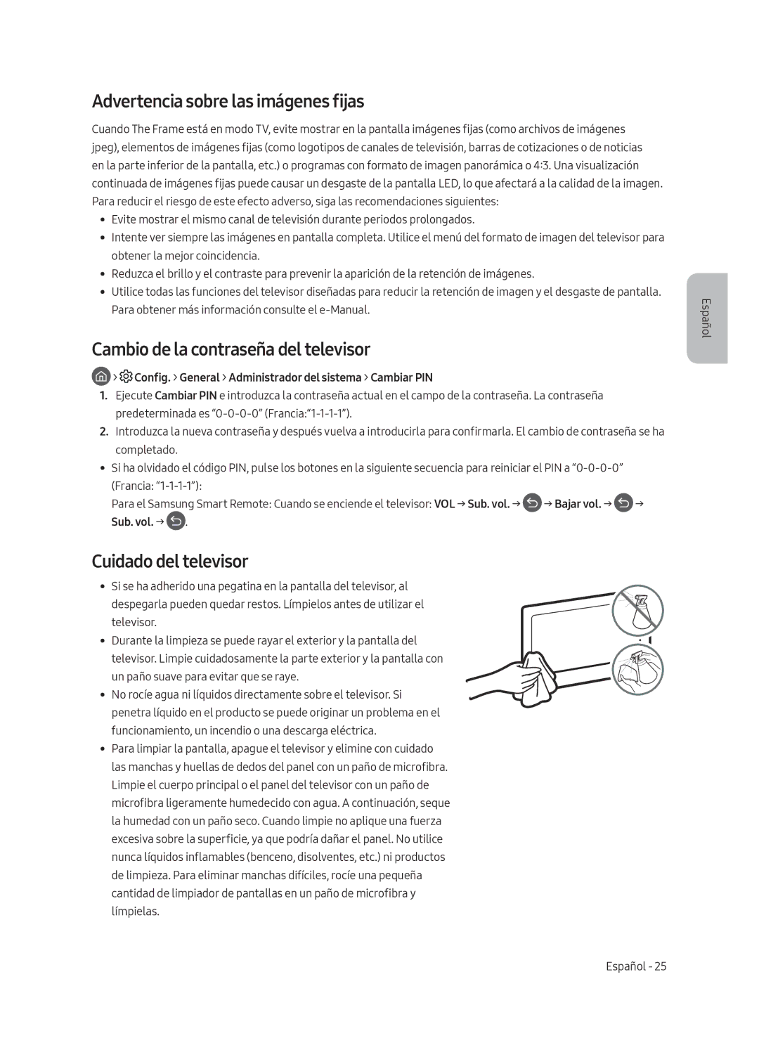 Samsung UE65LS003AUXXH Advertencia sobre las imágenes fijas, Cambio de la contraseña del televisor, Cuidado del televisor 