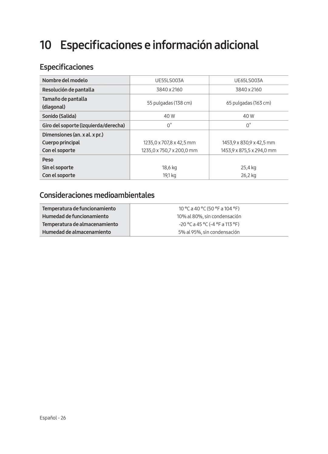 Samsung UE55LS003AUXXU, UE65LS003AUXZG manual Especificaciones e información adicional, Consideraciones medioambientales 