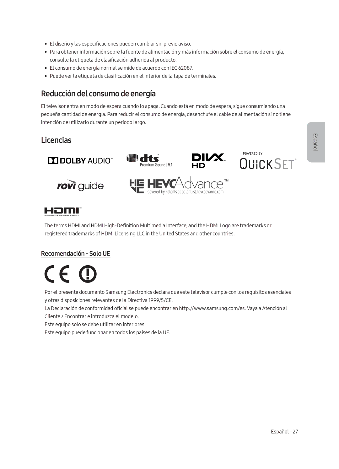 Samsung UE55LS003AUXXH, UE65LS003AUXZG, UE55LS003AUXZG Reducción del consumo de energía, Licencias, Recomendación Solo UE 