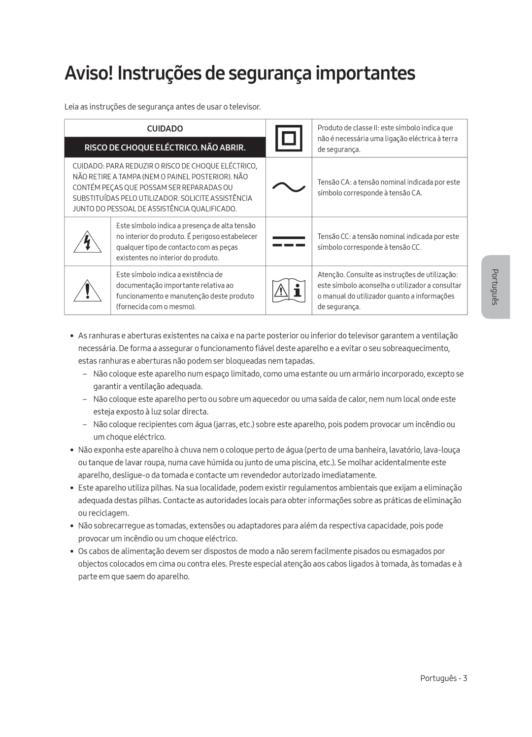 Samsung UE65LS003AUXXC, UE65LS003AUXZG, UE55LS003AUXZG, UE55LS003AUXXC Aviso! Instruções de segurança importantes, Cuidado 