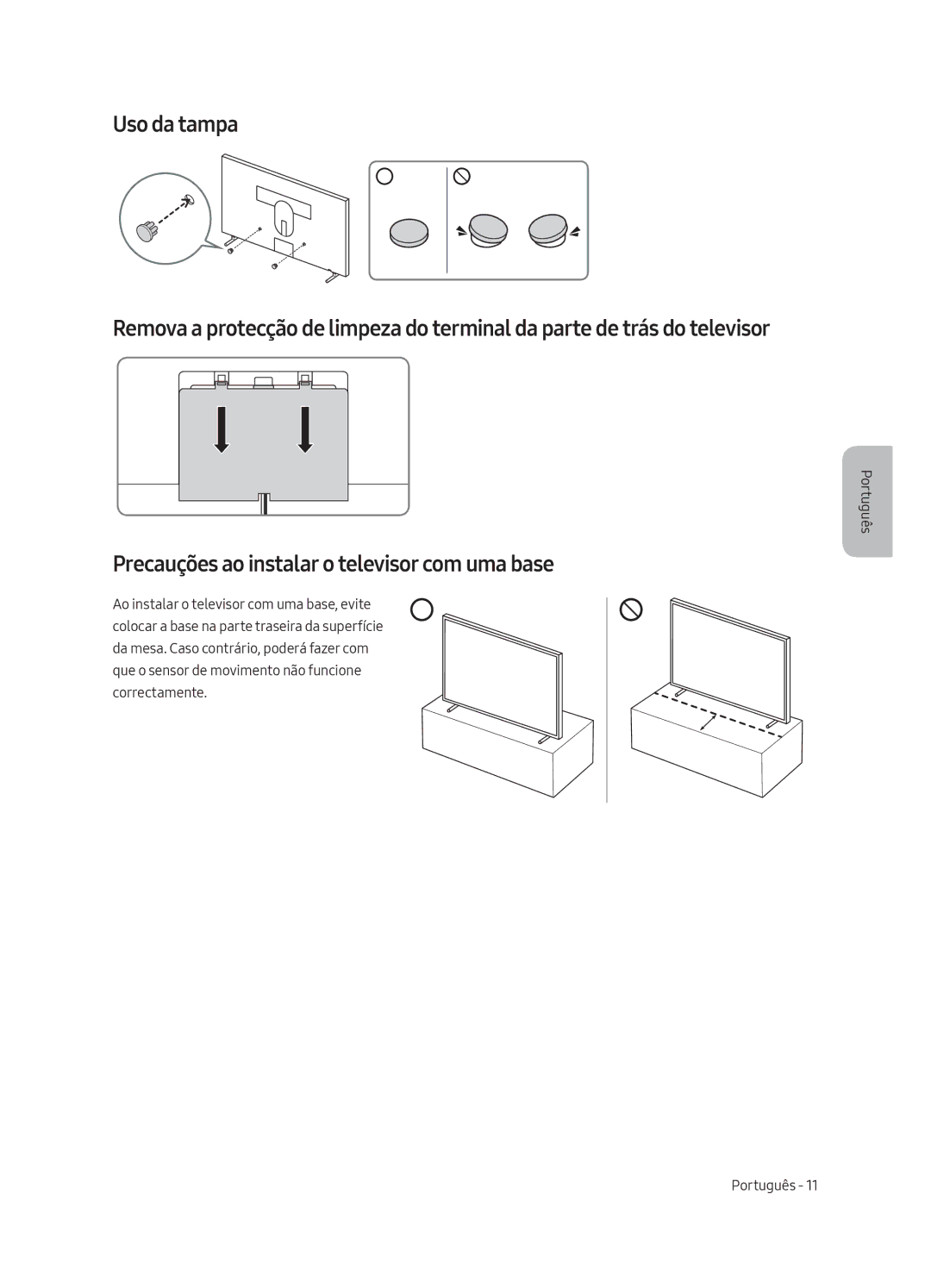 Samsung UE55LS003AUXXH, UE65LS003AUXZG, UE55LS003AUXZG, UE55LS003AUXXC manual Precauções ao instalar o televisor com uma base 