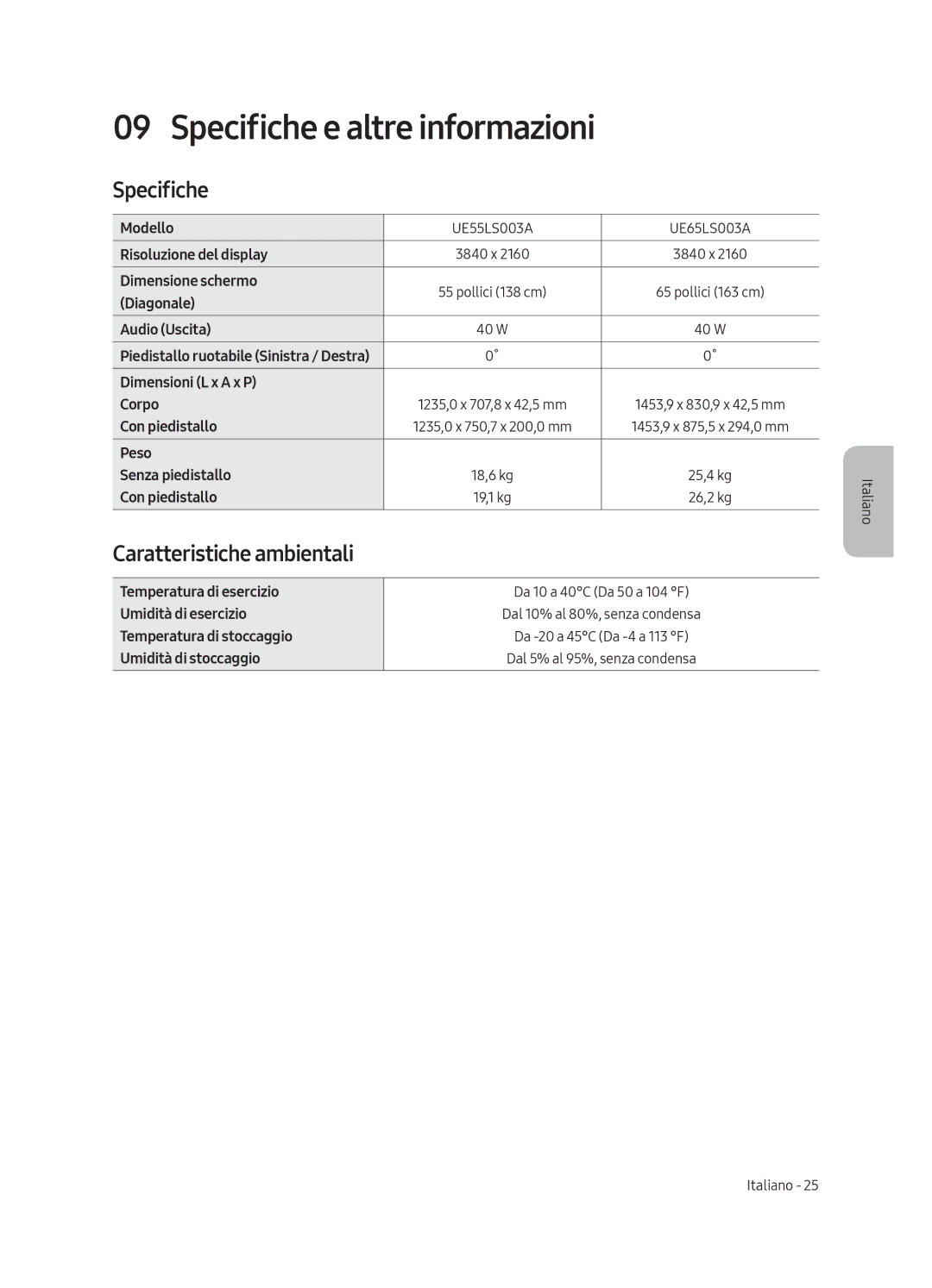 Samsung UE65LS003AUXSQ, UE65LS003AUXZG, UE55LS003AUXZG manual Specifiche e altre informazioni, Caratteristiche ambientali 