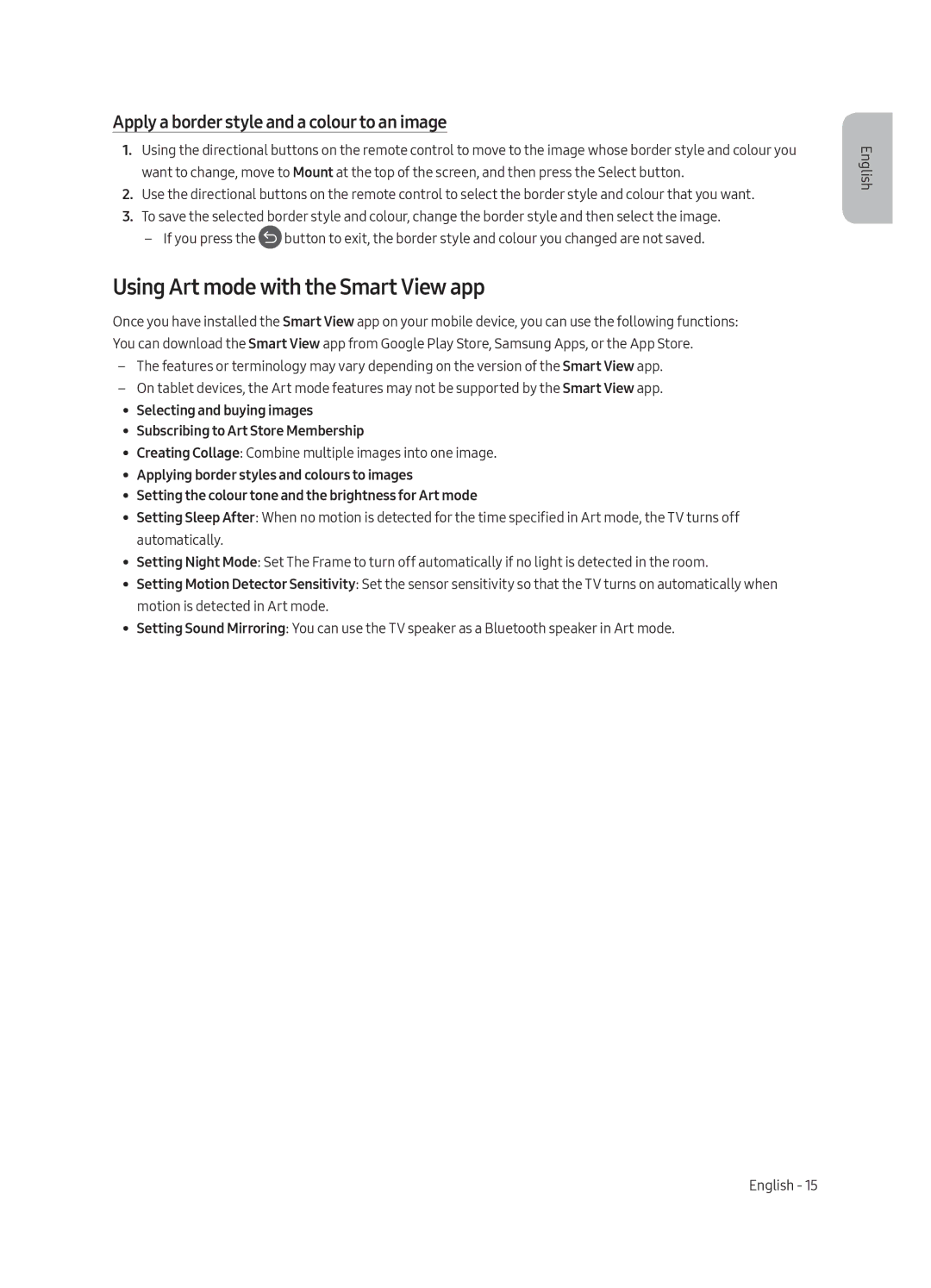Samsung UE65LS003AUXXC manual Using Art mode with the Smart View app, Apply a border style and a colour to an image 
