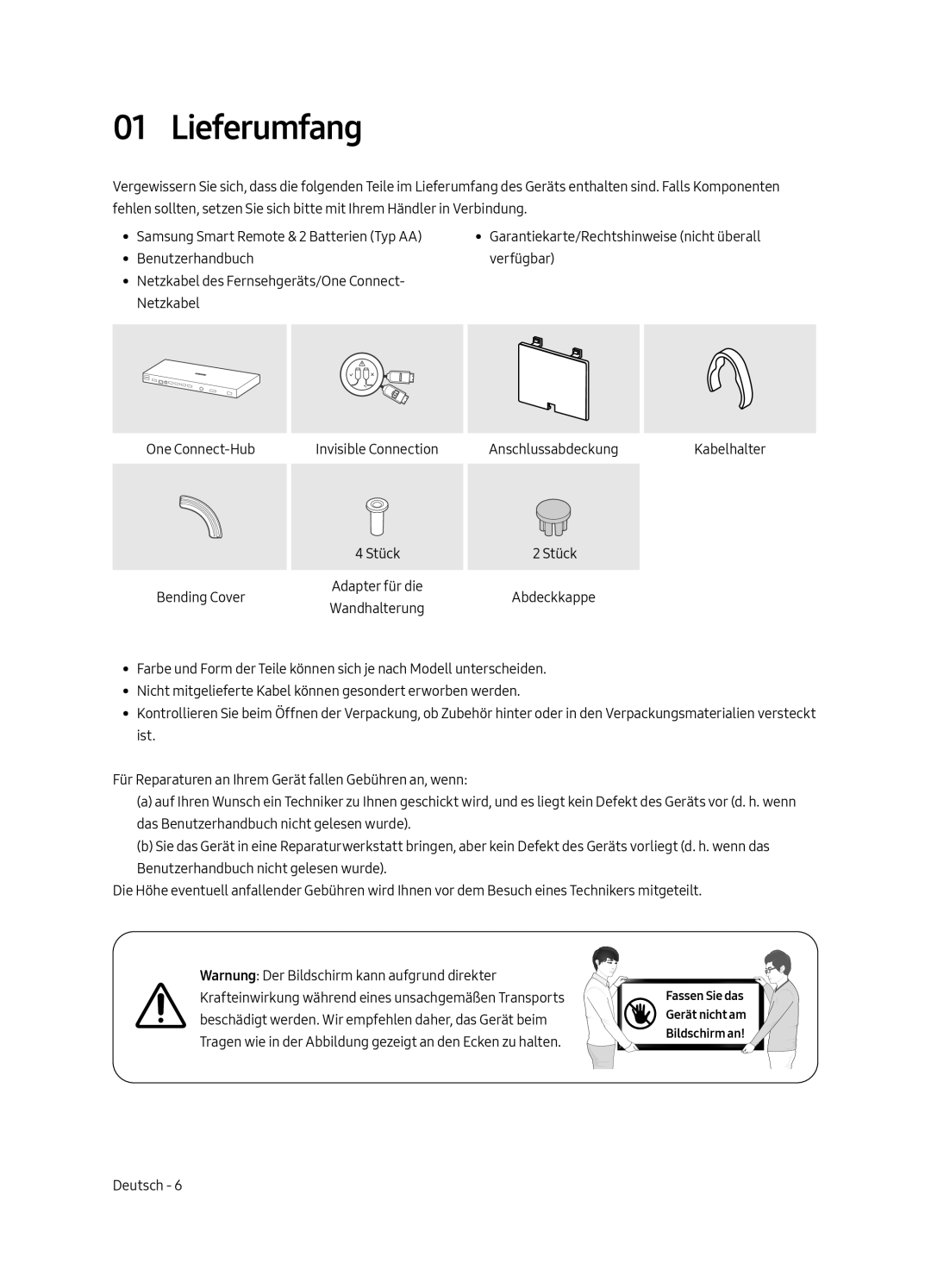 Samsung UE65LS003AUXXU, UE65LS003AUXZG, UE55LS003AUXZG, UE55LS003AUXXC, UE65LS003AUXXC, UE65LS003AUXZT manual Lieferumfang 