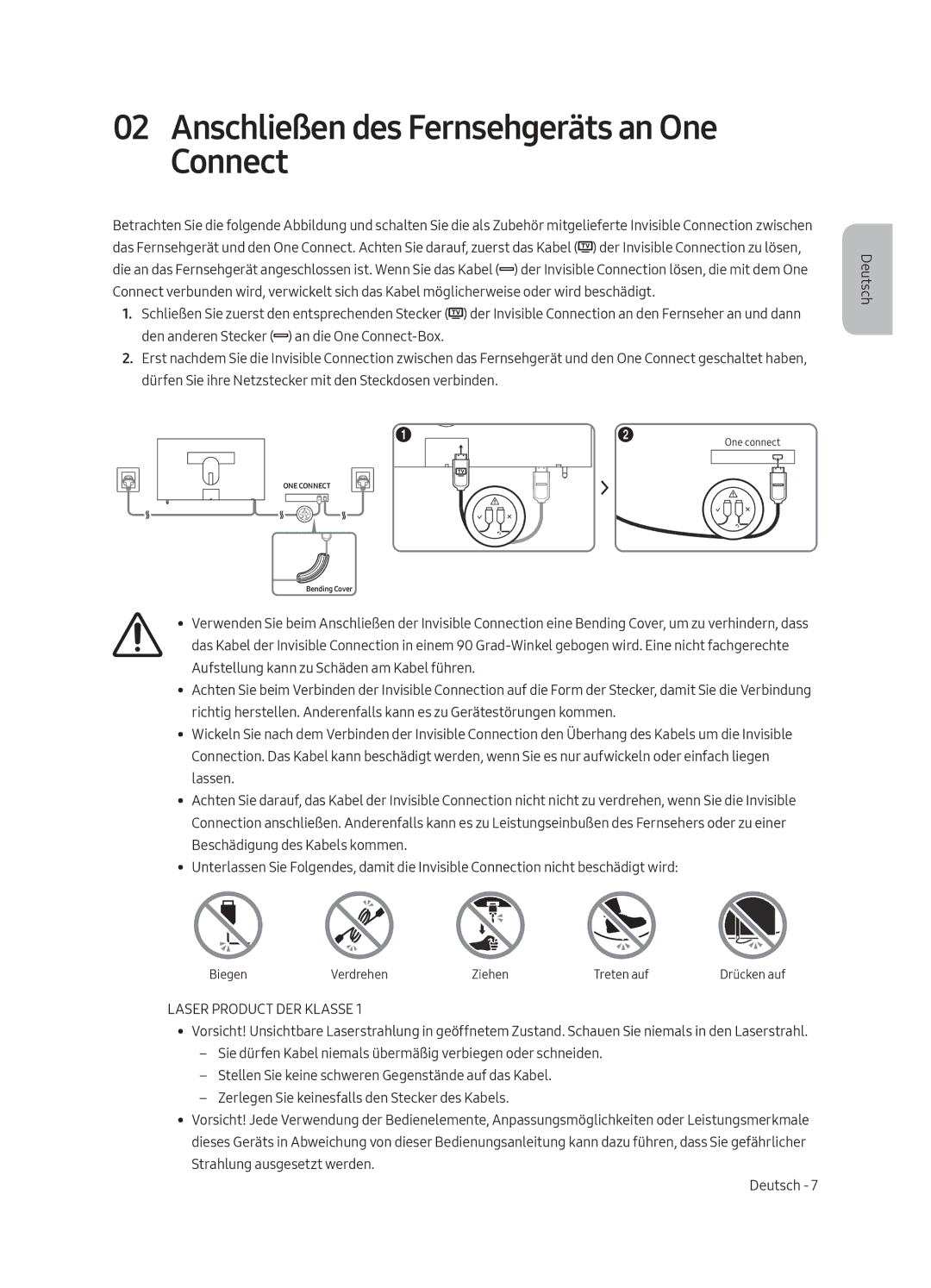 Samsung UE65LS003AUXXH, UE65LS003AUXZG manual Anschließen des Fernsehgeräts an One Connect, Laser Product DER Klasse 