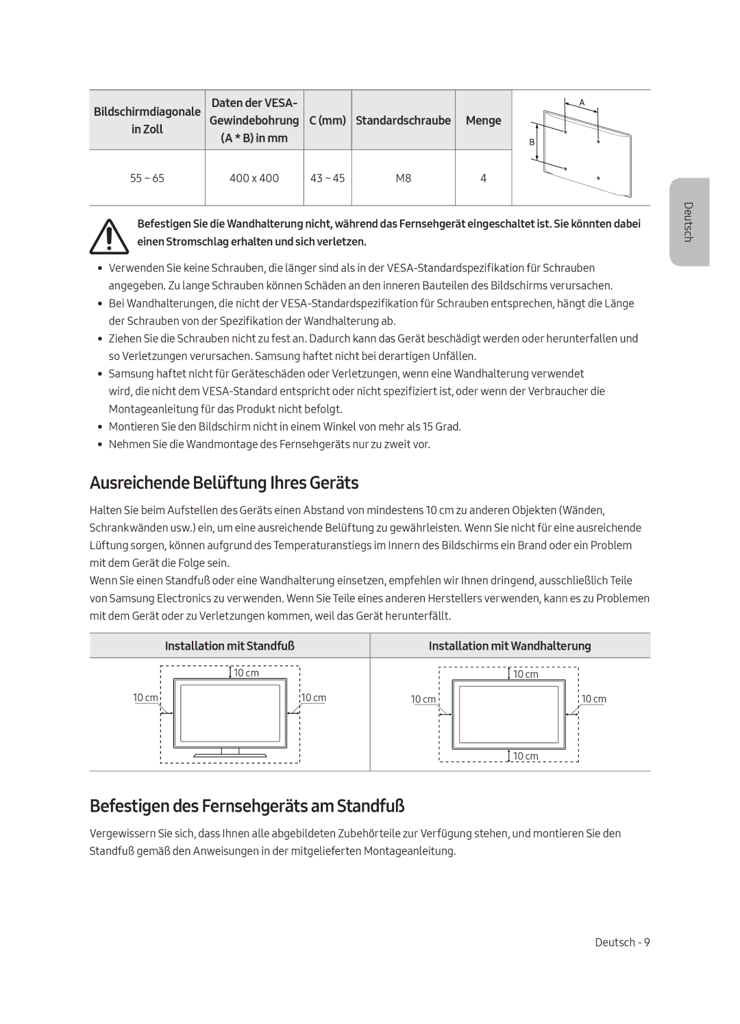 Samsung UE55LS003AUXXH manual Ausreichende Belüftung Ihres Geräts, Befestigen des Fernsehgeräts am Standfuß, 400 x 43 ~ 