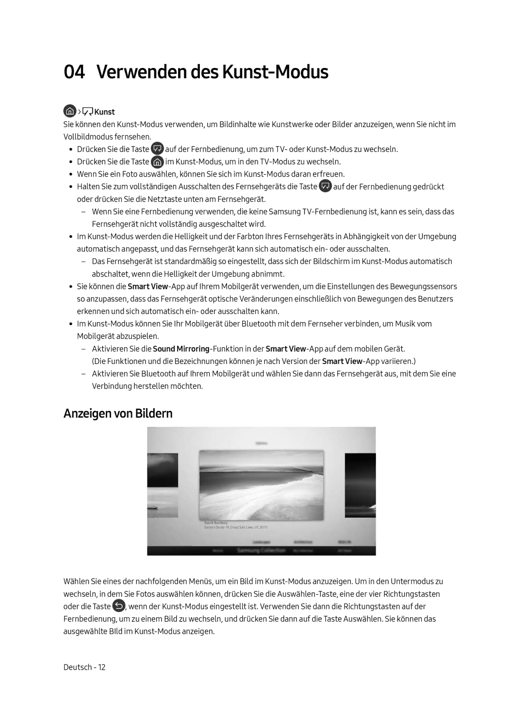 Samsung UE55LS003AUXXC, UE65LS003AUXZG, UE55LS003AUXZG, UE65LS003AUXXC manual Verwenden des Kunst-Modus, Anzeigen von Bildern 