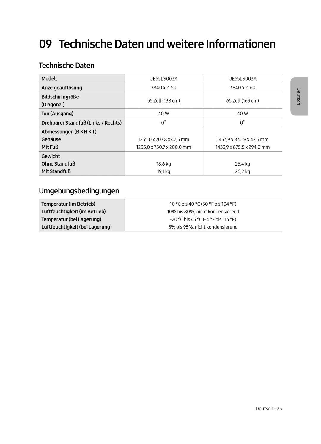 Samsung UE65LS003AUXXC, UE65LS003AUXZG, UE55LS003AUXZG, UE55LS003AUXXC, UE65LS003AUXZT Technische Daten, Umgebungsbedingungen 