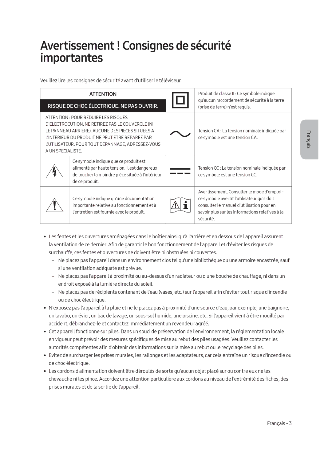 Samsung UE65LS003AUXSQ manual Avertissement ! Consignes de sécurité importantes, Risque DE Choc ÉLECTRIQUE. NE PAS Ouvrir 