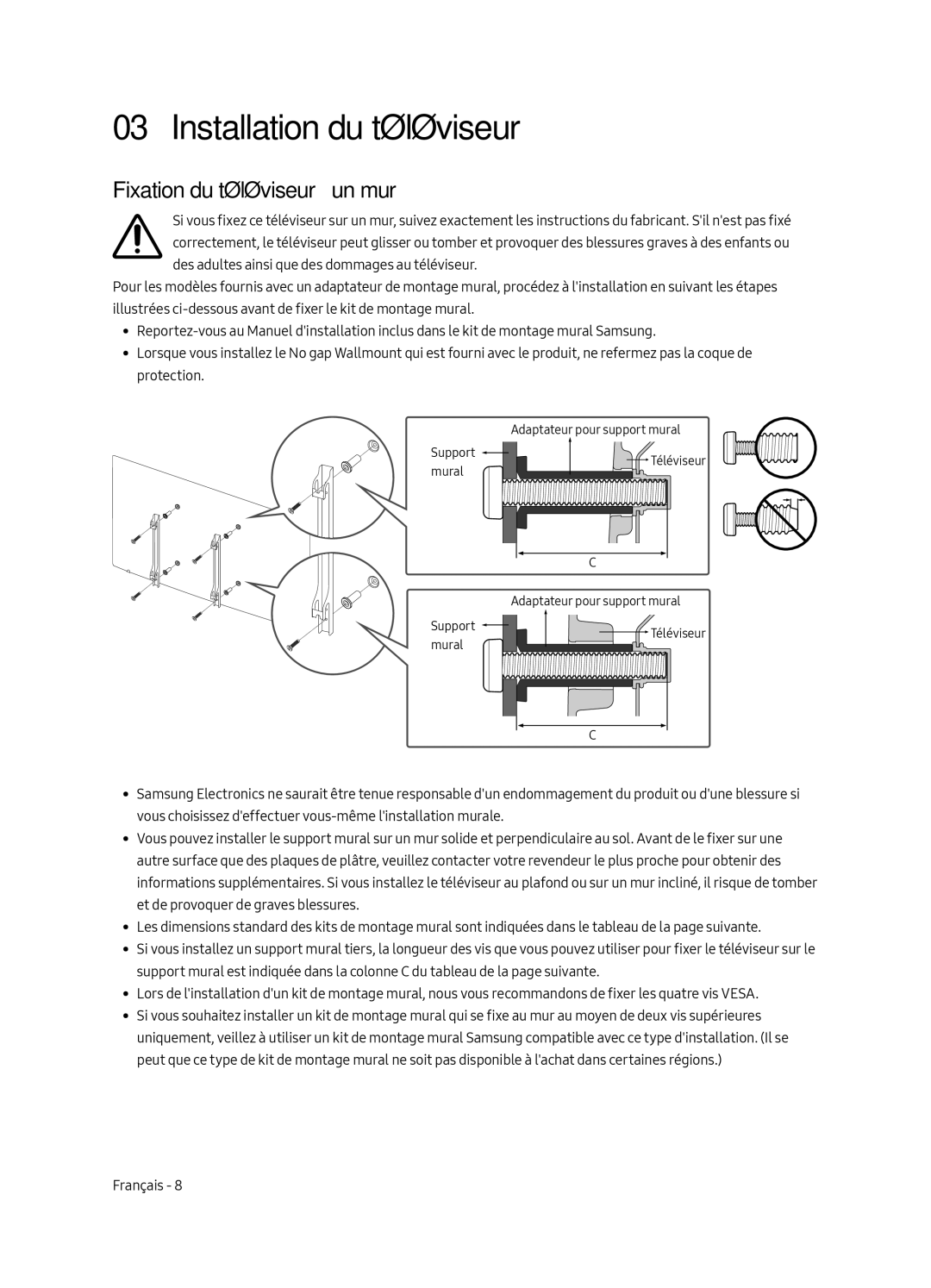 Samsung UE65LS003AUXZG, UE55LS003AUXZG, UE55LS003AUXXC manual Installation du téléviseur, Fixation du téléviseur à un mur 