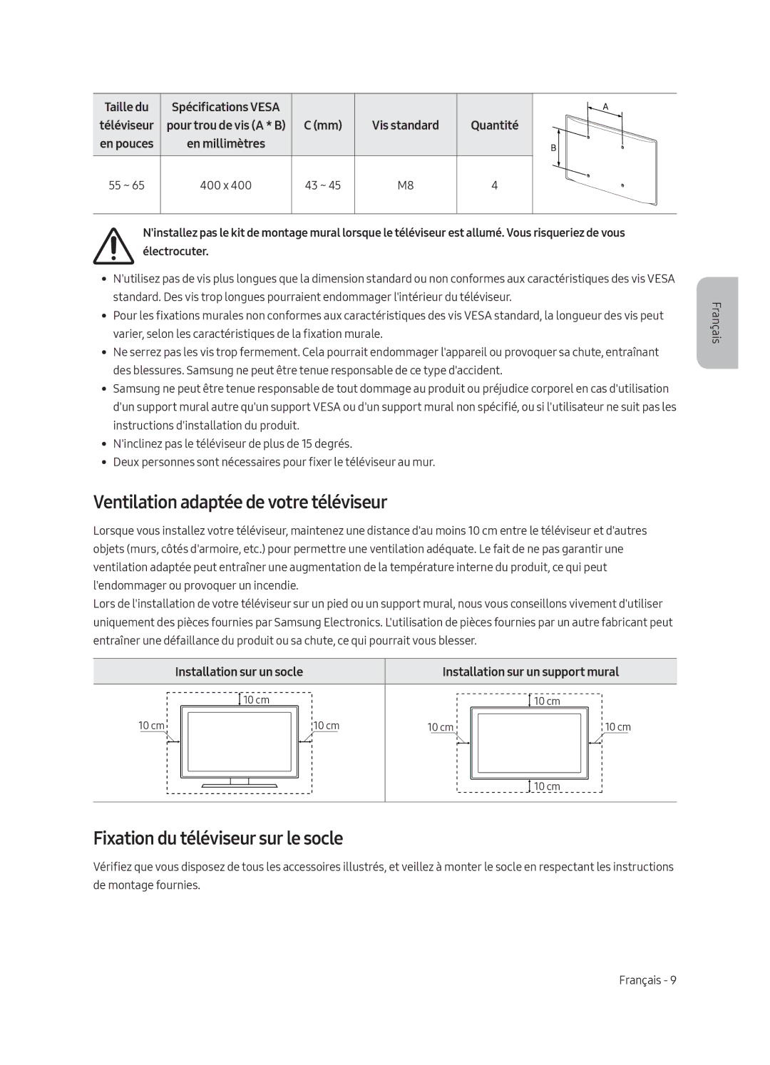 Samsung UE55LS003AUXZG manual Ventilation adaptée de votre téléviseur, Fixation du téléviseur sur le socle, Taille du 