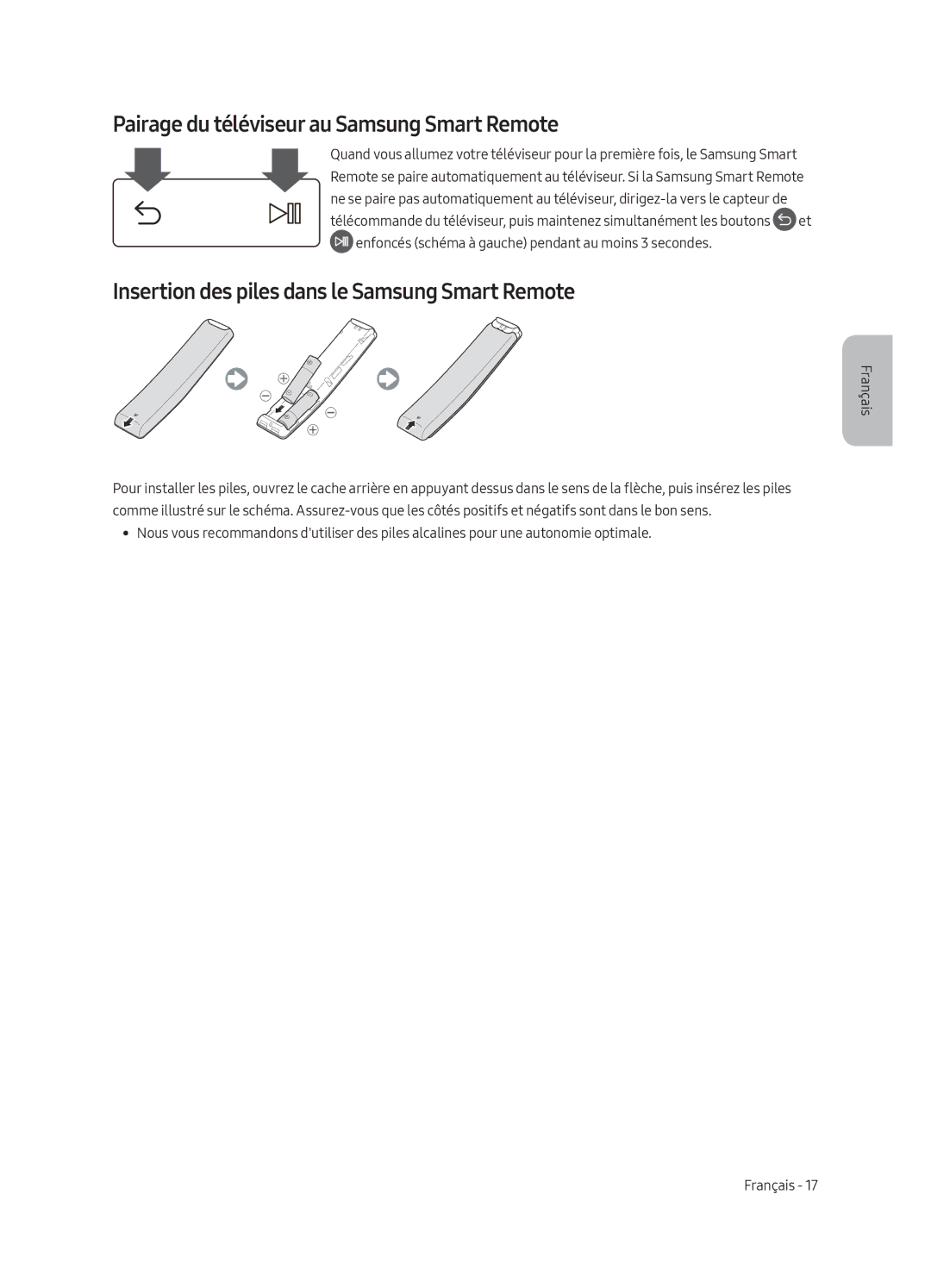 Samsung UE65LS003AUXXH Pairage du téléviseur au Samsung Smart Remote, Insertion des piles dans le Samsung Smart Remote 