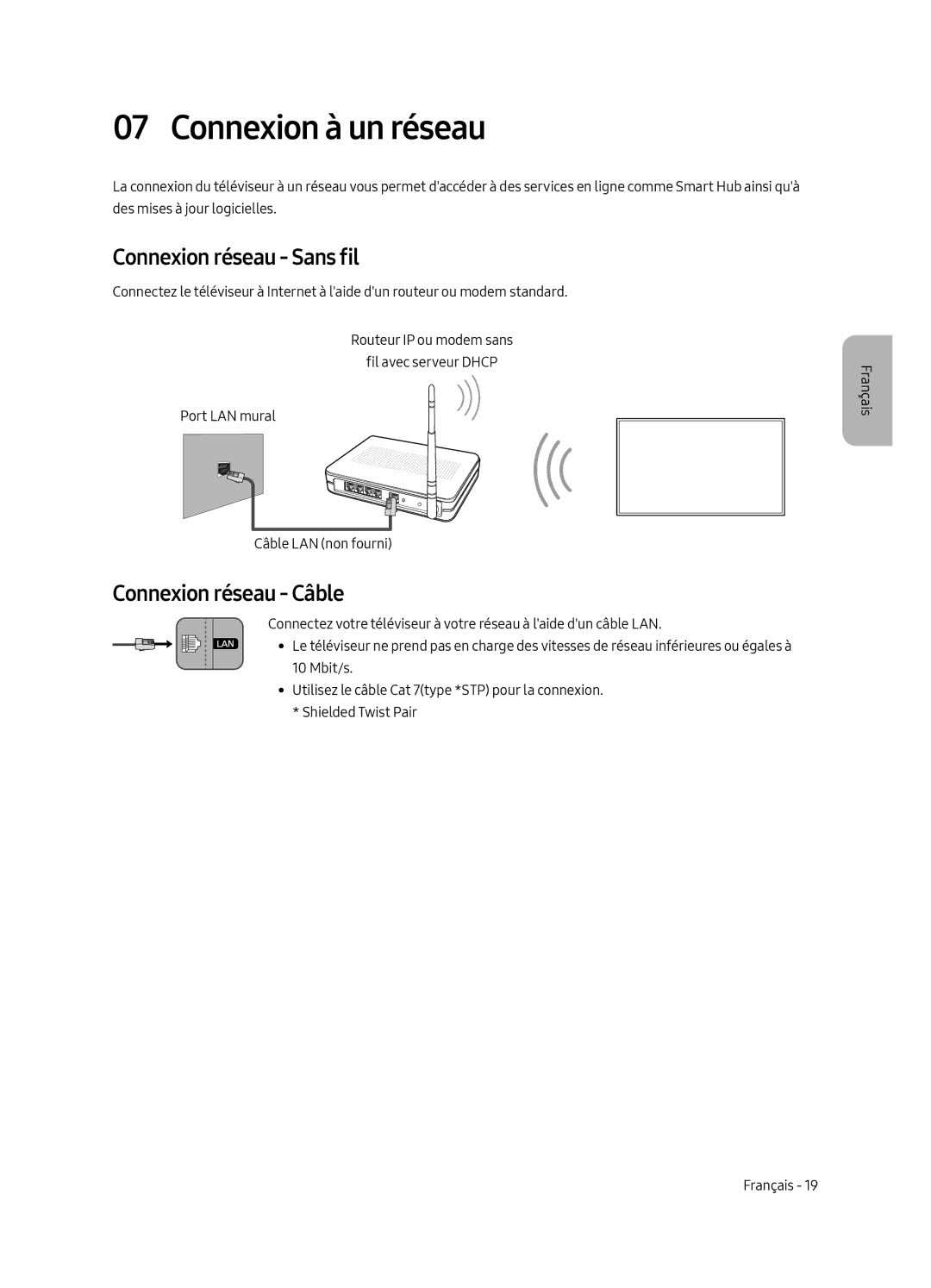 Samsung UE55LS003AUXXH, UE65LS003AUXZG manual Connexion à un réseau, Connexion réseau Sans fil, Connexion réseau Câble 