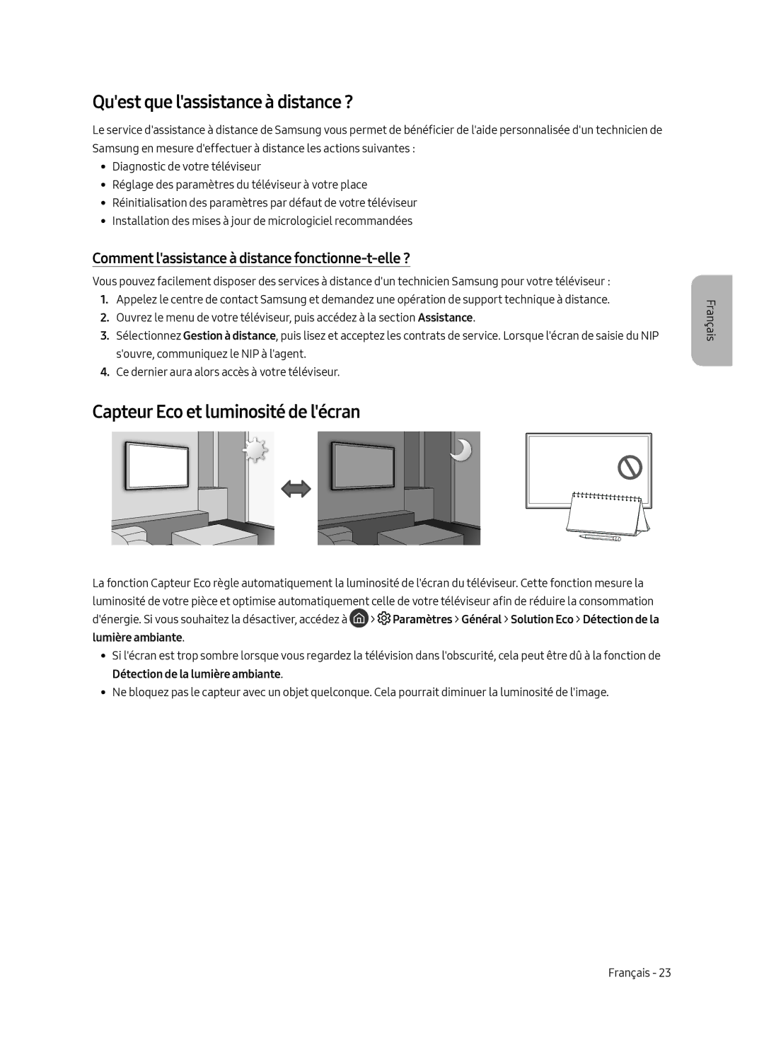 Samsung UE65LS003AUXXC, UE65LS003AUXZG manual Quest que lassistance à distance ?, Capteur Eco et luminosité de lécran 