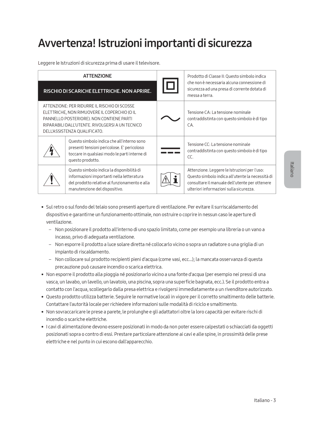 Samsung UE65LS003AUXXH, UE65LS003AUXZG, UE55LS003AUXZG, UE55LS003AUXXC manual Avvertenza! Istruzioni importanti di sicurezza 