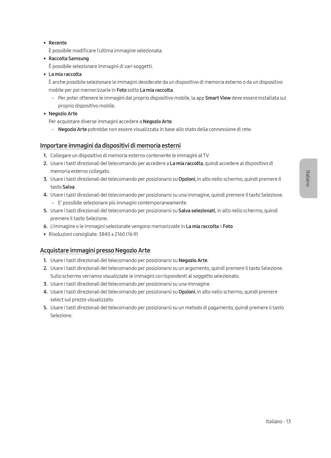 Samsung UE65LS003AUXSQ manual Importare immagini da dispositivi di memoria esterni, Acquistare immagini presso Negozio Arte 