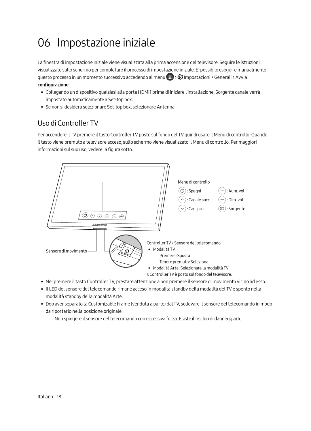 Samsung UE65LS003AUXZG, UE55LS003AUXZG, UE55LS003AUXXC, UE65LS003AUXXC manual Impostazione iniziale, Uso di Controller TV 