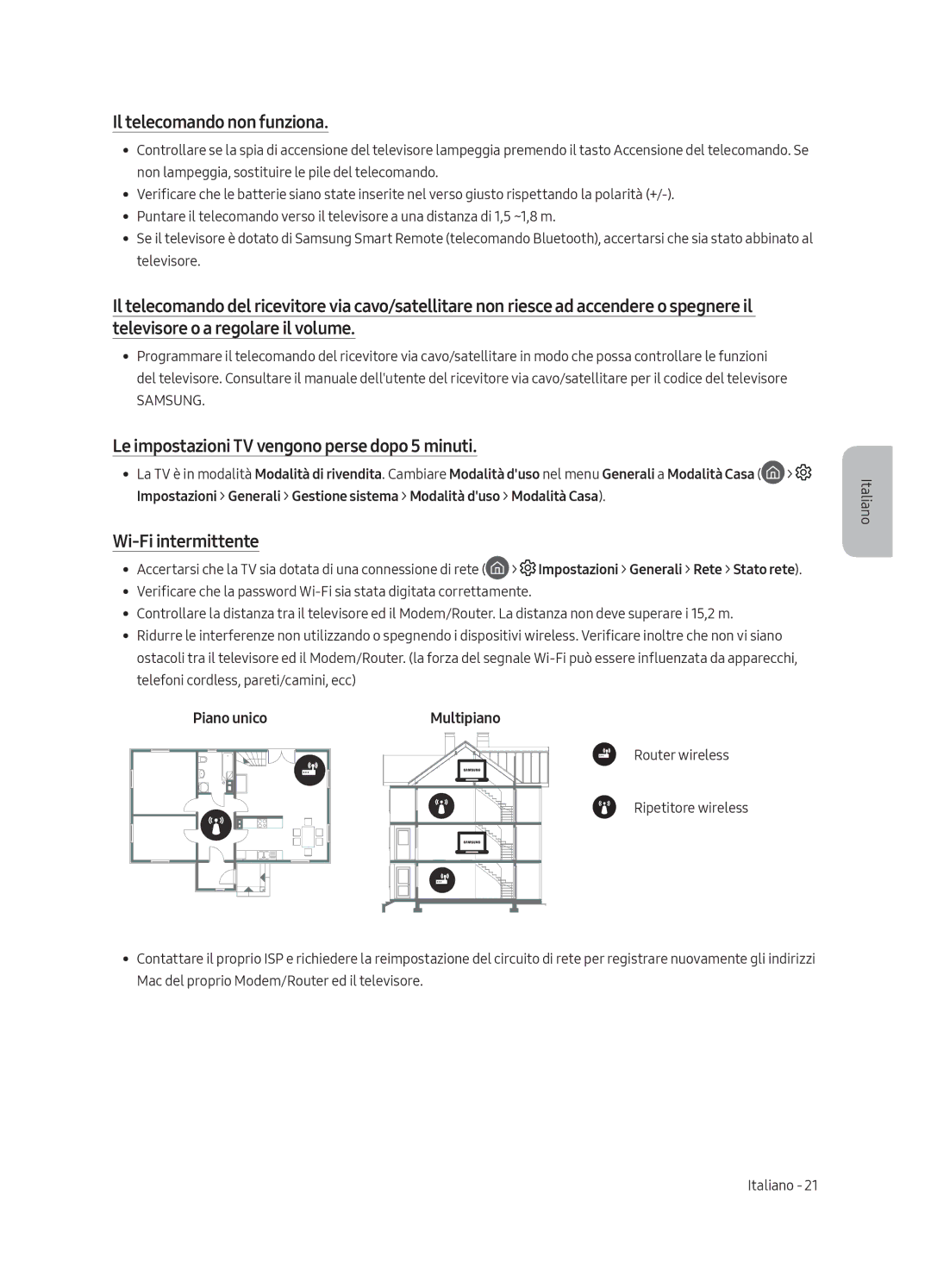 Samsung UE65LS003AUXXC Il telecomando non funziona, Le impostazioni TV vengono perse dopo 5 minuti, Wi-Fi intermittente 