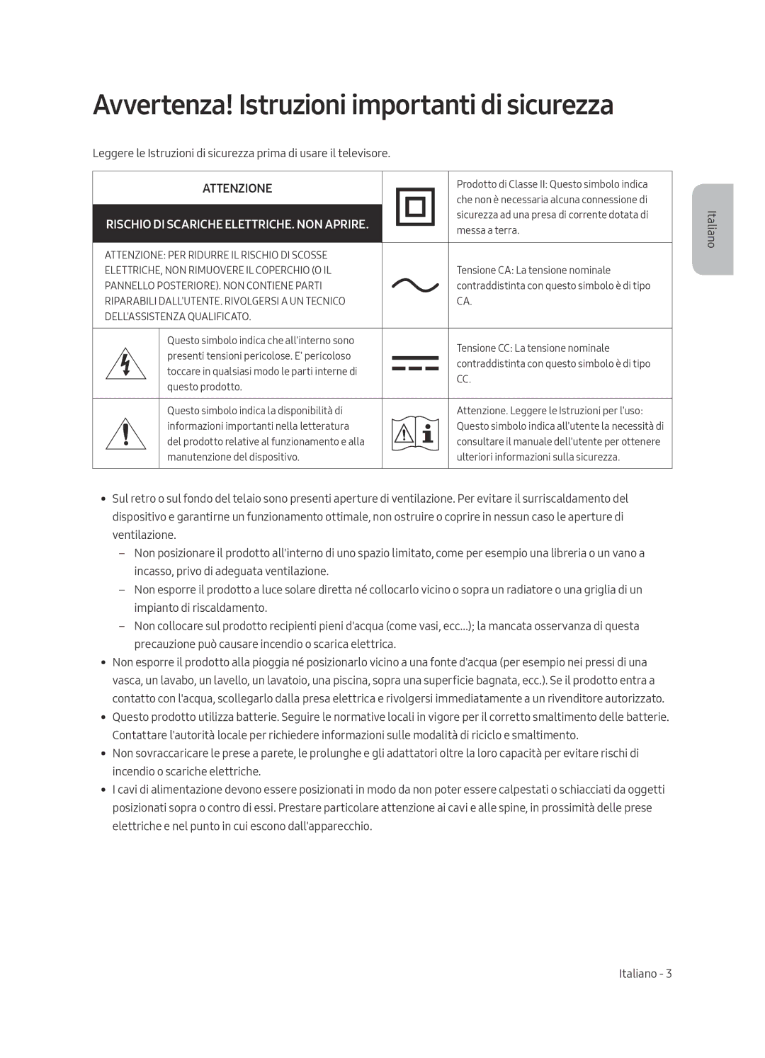 Samsung UE55LS003AUXZT, UE65LS003AUXZT manual Avvertenza! Istruzioni importanti di sicurezza 