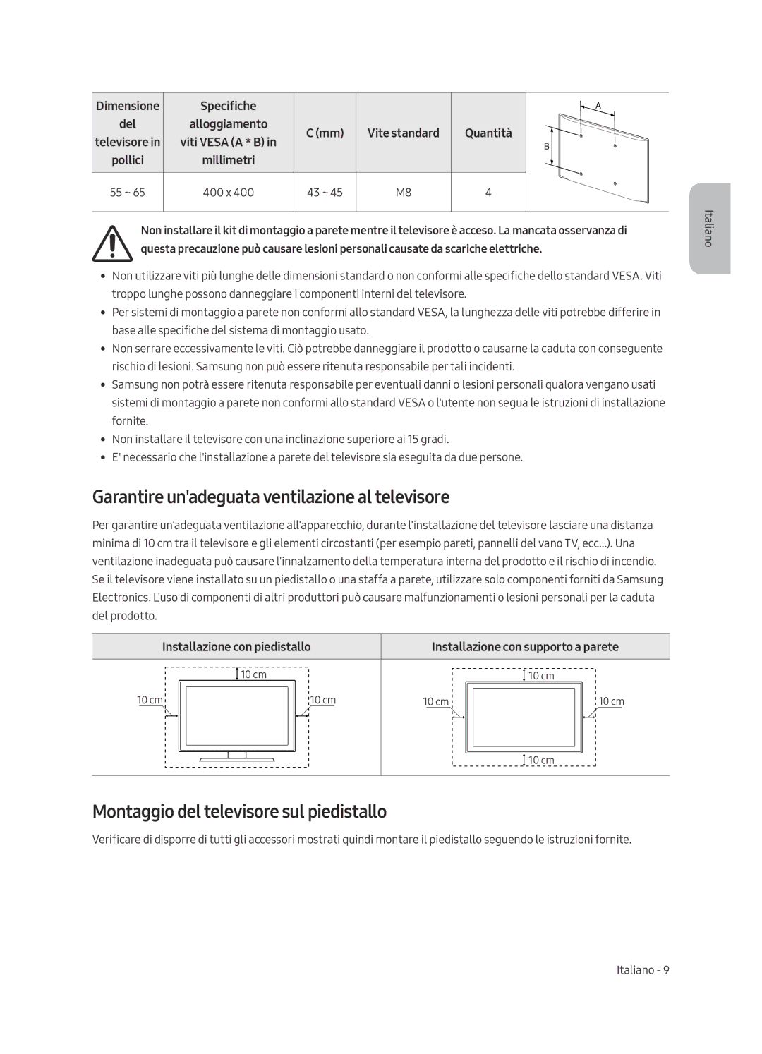 Samsung UE55LS003AUXZT Garantire unadeguata ventilazione al televisore, Montaggio del televisore sul piedistallo, Quantità 